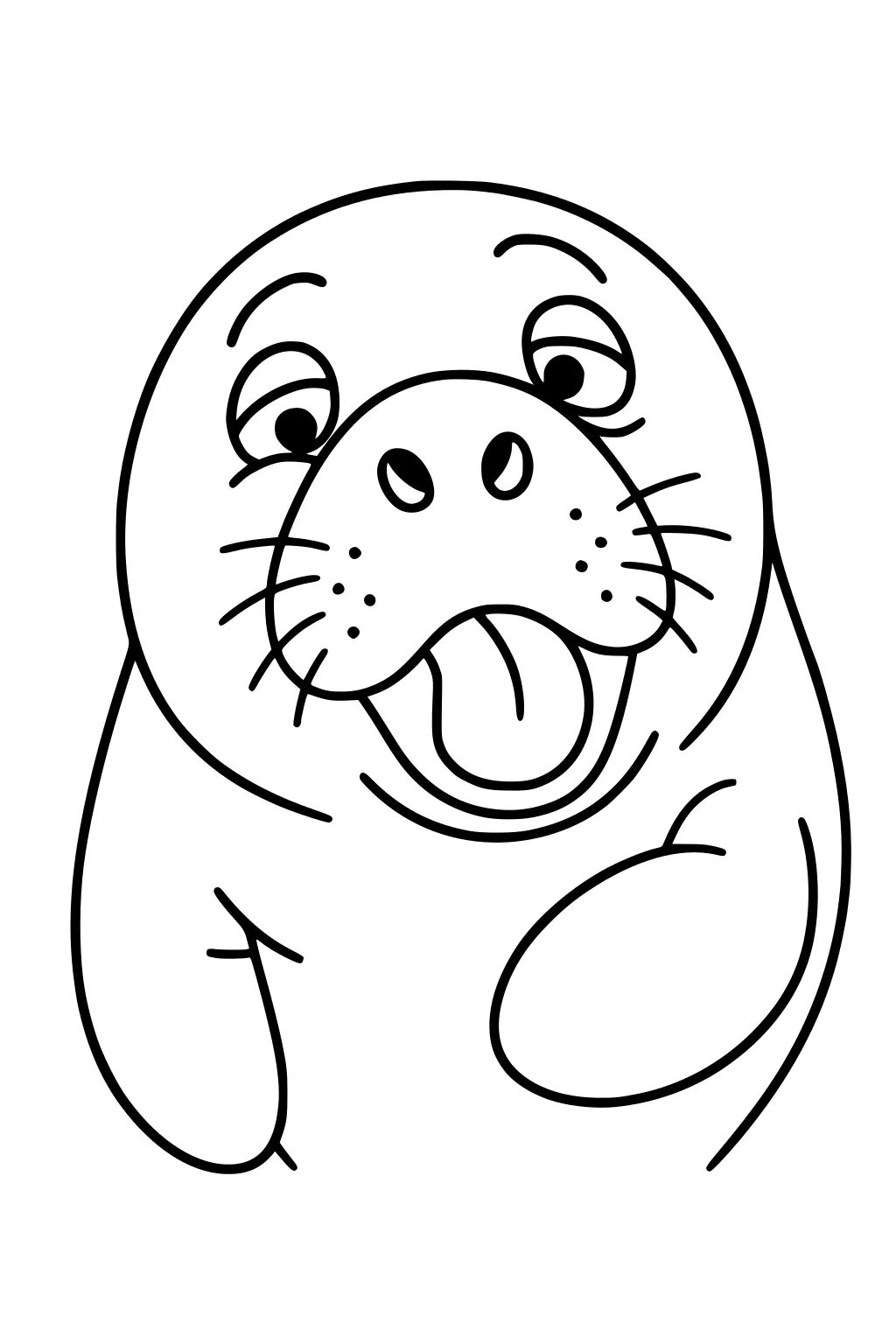 Cartoon manatee with wide eyes, whiskers, and tongue sticking out, drawn with thick lines and simple shapes.