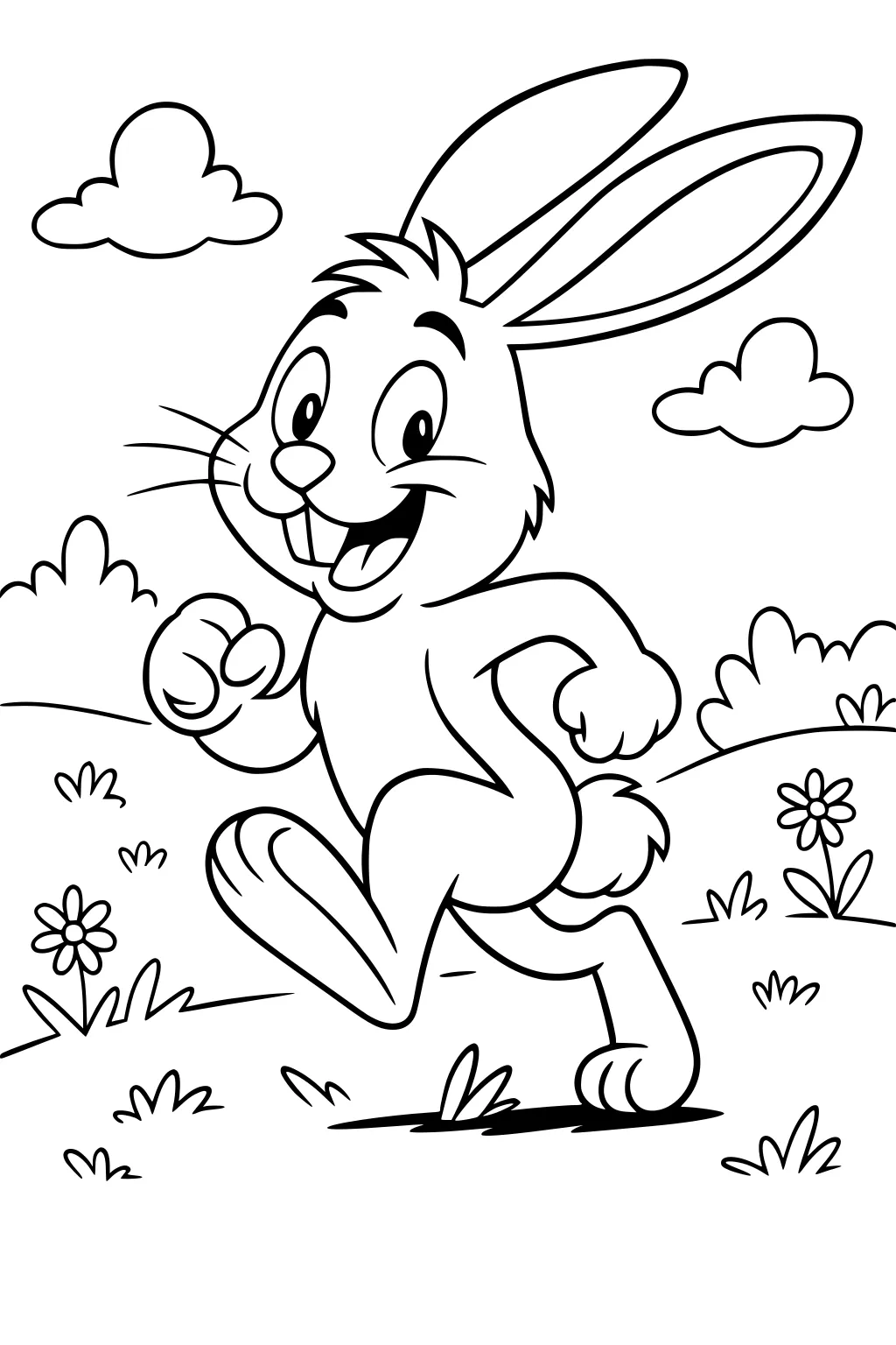 Happy cartoon rabbit running in a grassy field with flowers, small bushes, and clouds in the background.