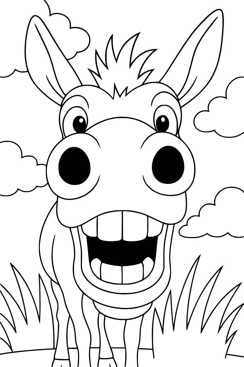 Cartoon donkey with big round nose and teeth, standing on grass, clouds and sky in the background.
