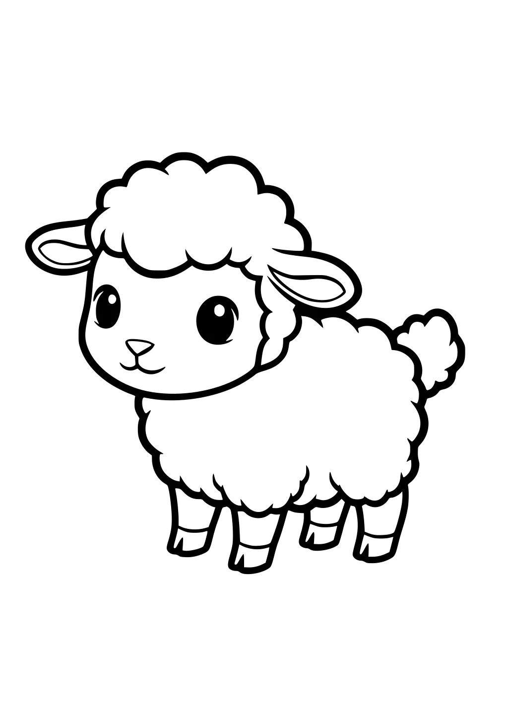 Cartoon lamb with fluffy wool, big eyes, and curly tail standing on all four legs facing forward.