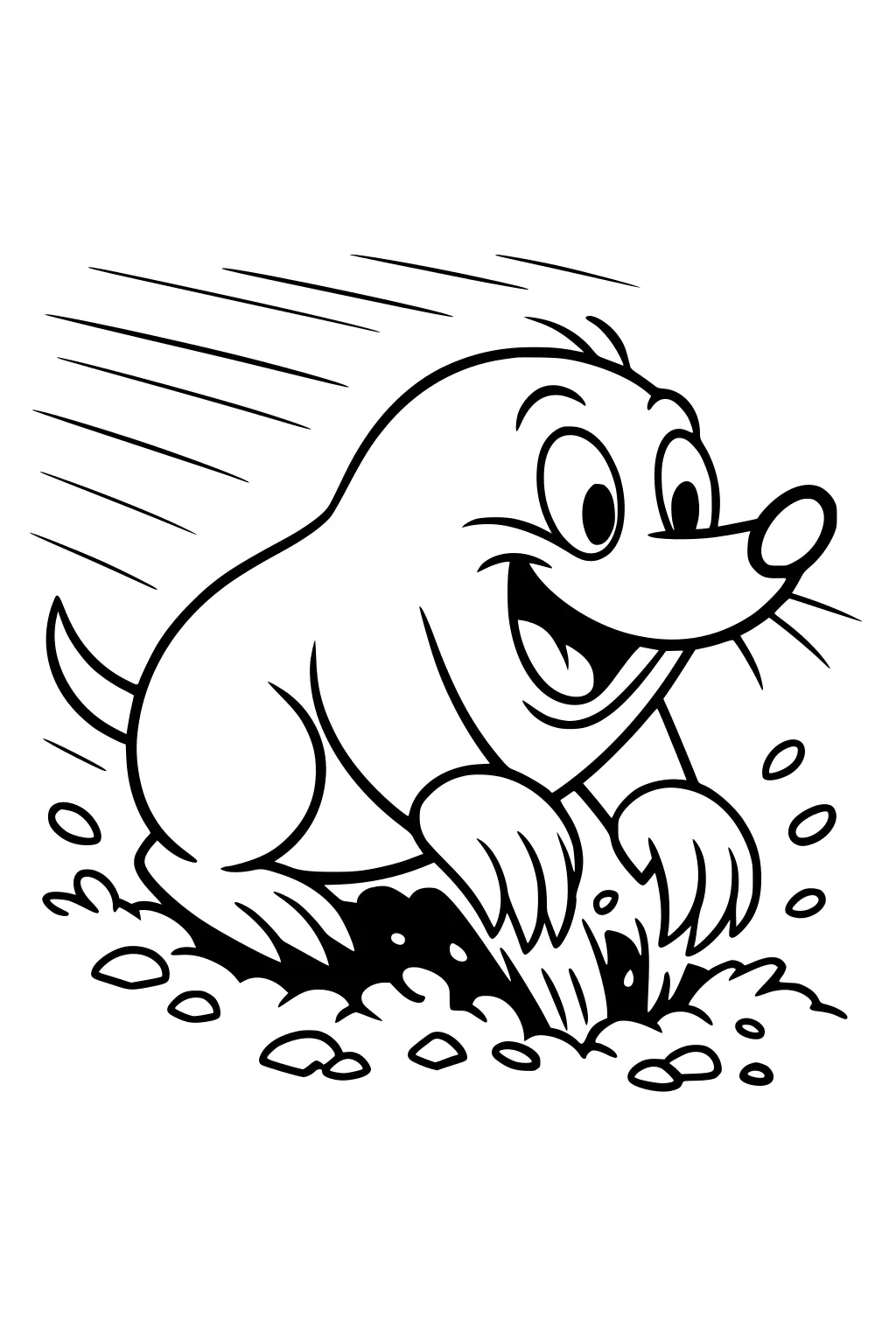 Cartoon mole with big eyes and open mouth digging energetically through dirt with scattered pebbles.
