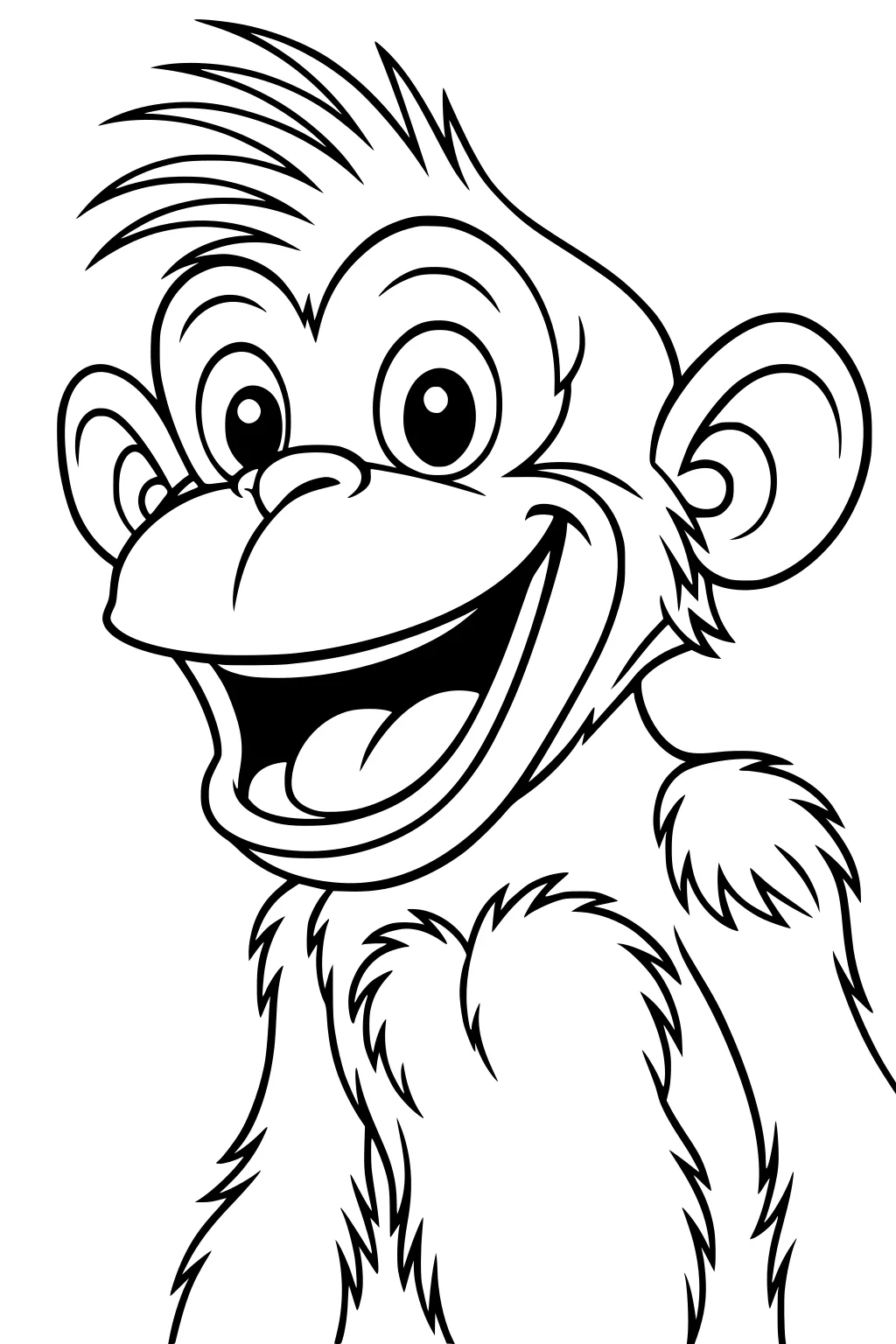 Cartoon monkey with wide smile, large round eyes, big ears, and tufts of fur on arms and head.