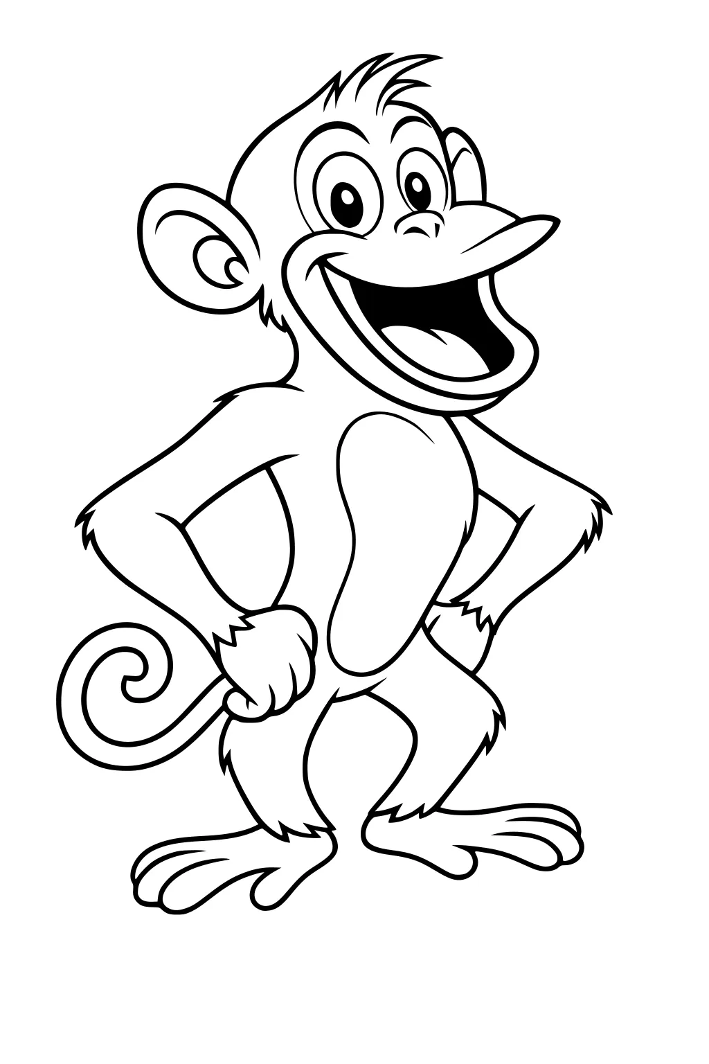 Cartoon monkey standing upright with hands on hips, wide smile, big eyes, and a curly tail.