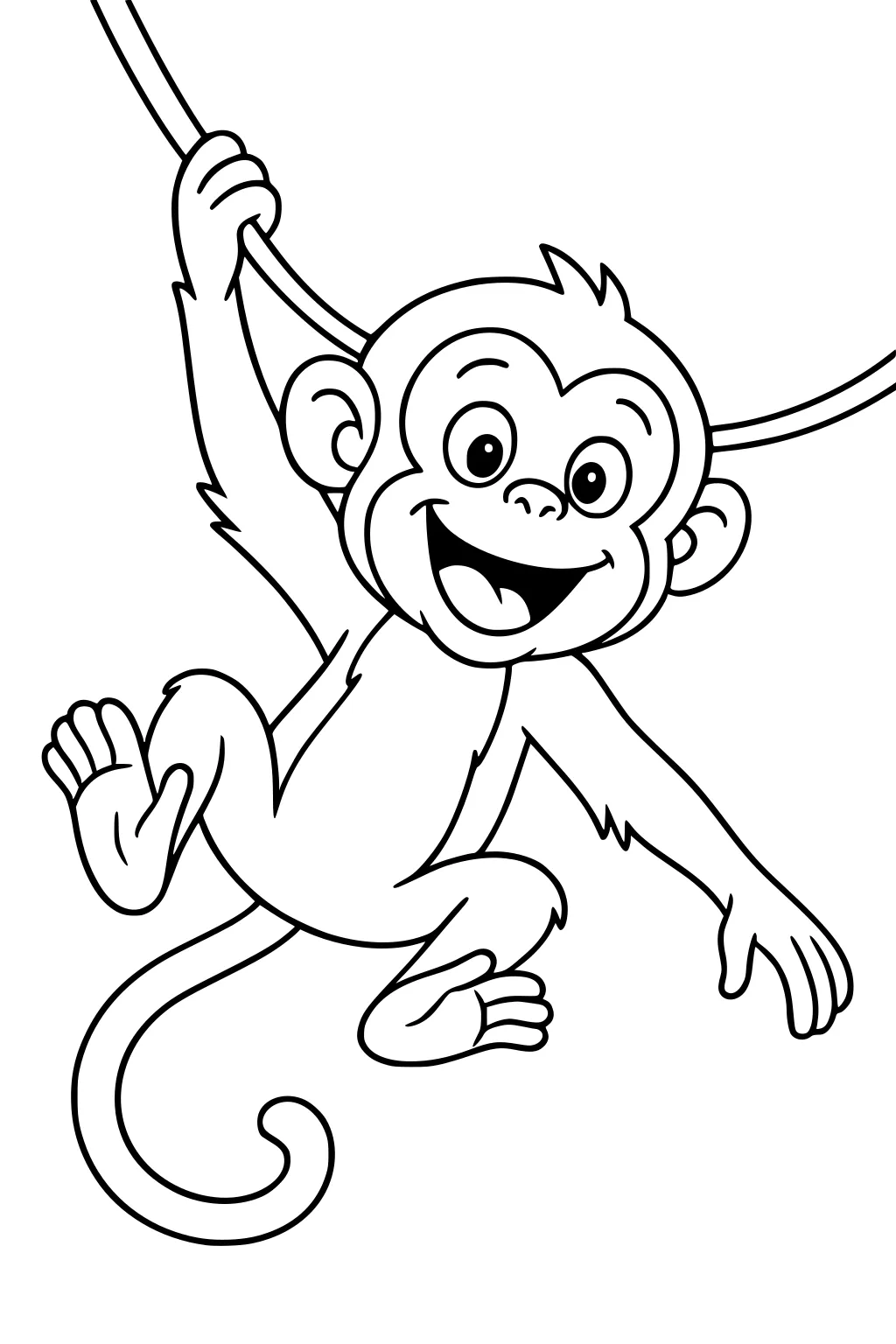 Cartoon monkey with big smile swinging from a vine, tail curled, and arms and legs stretched outward.