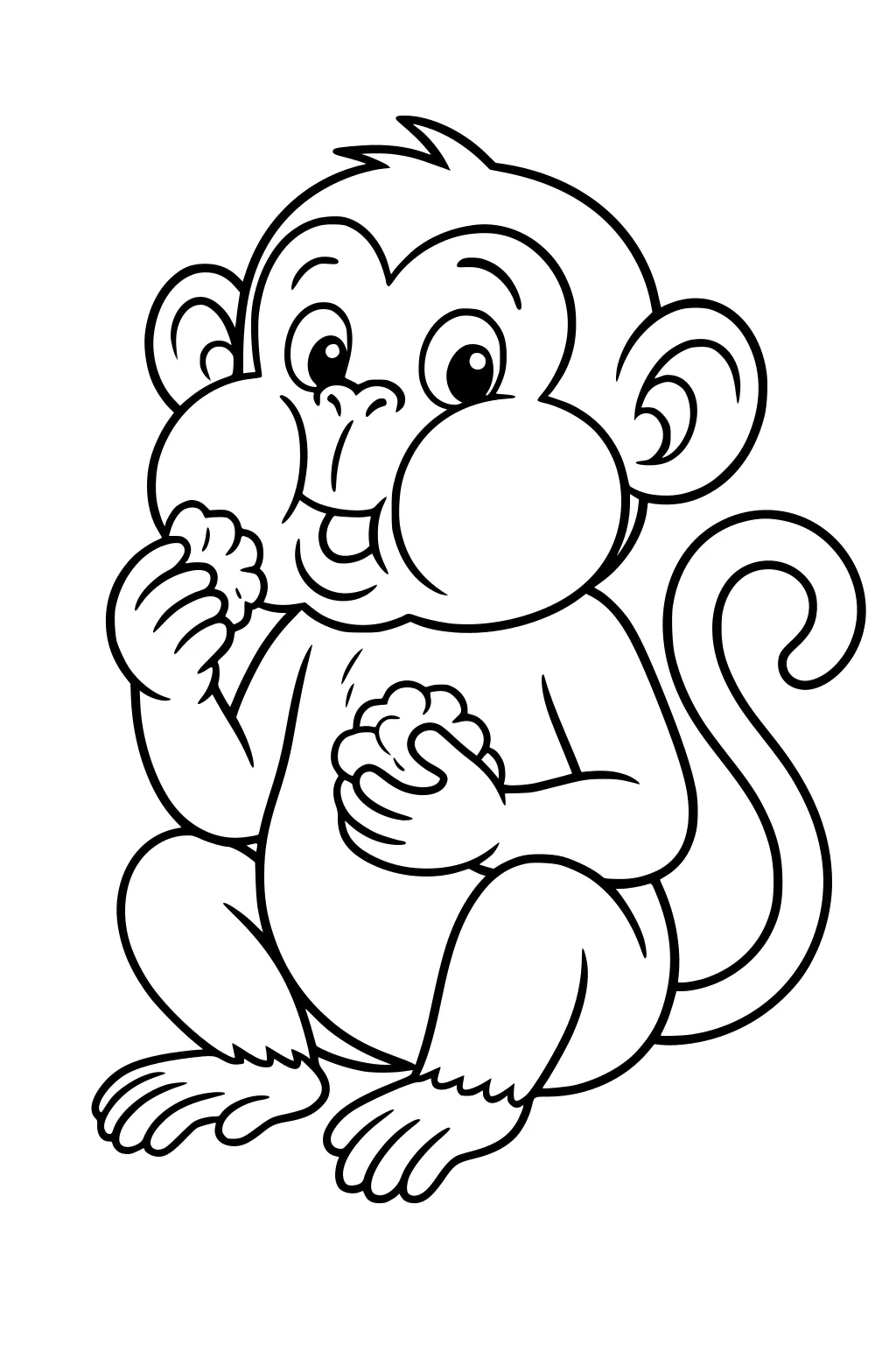 Cartoon monkey sitting with snacks in both hands, cheeks full, big eyes, and curled tail.