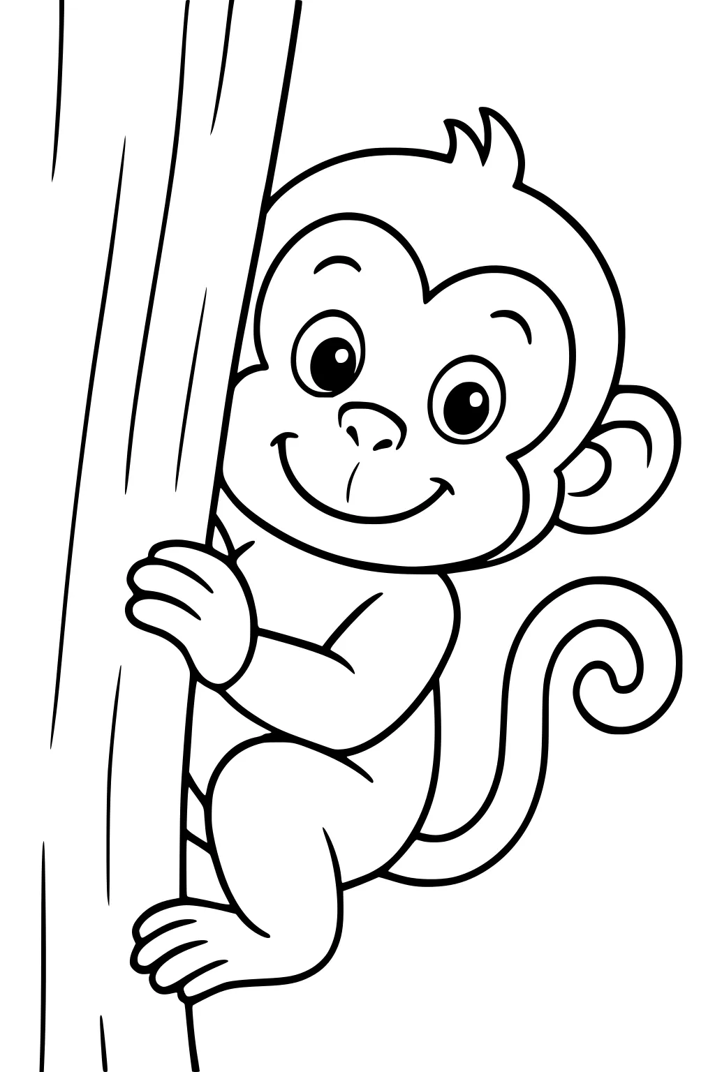 Cartoon monkey clinging to a tree trunk, smiling with big eyes, curly tail, and rounded features on a plain background.