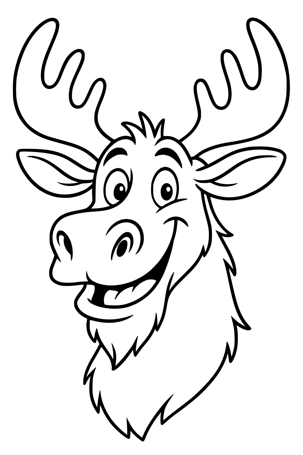 Cartoon moose head with big antlers, wide smile, and fluffy chin. Black-and-white line drawing for coloring.