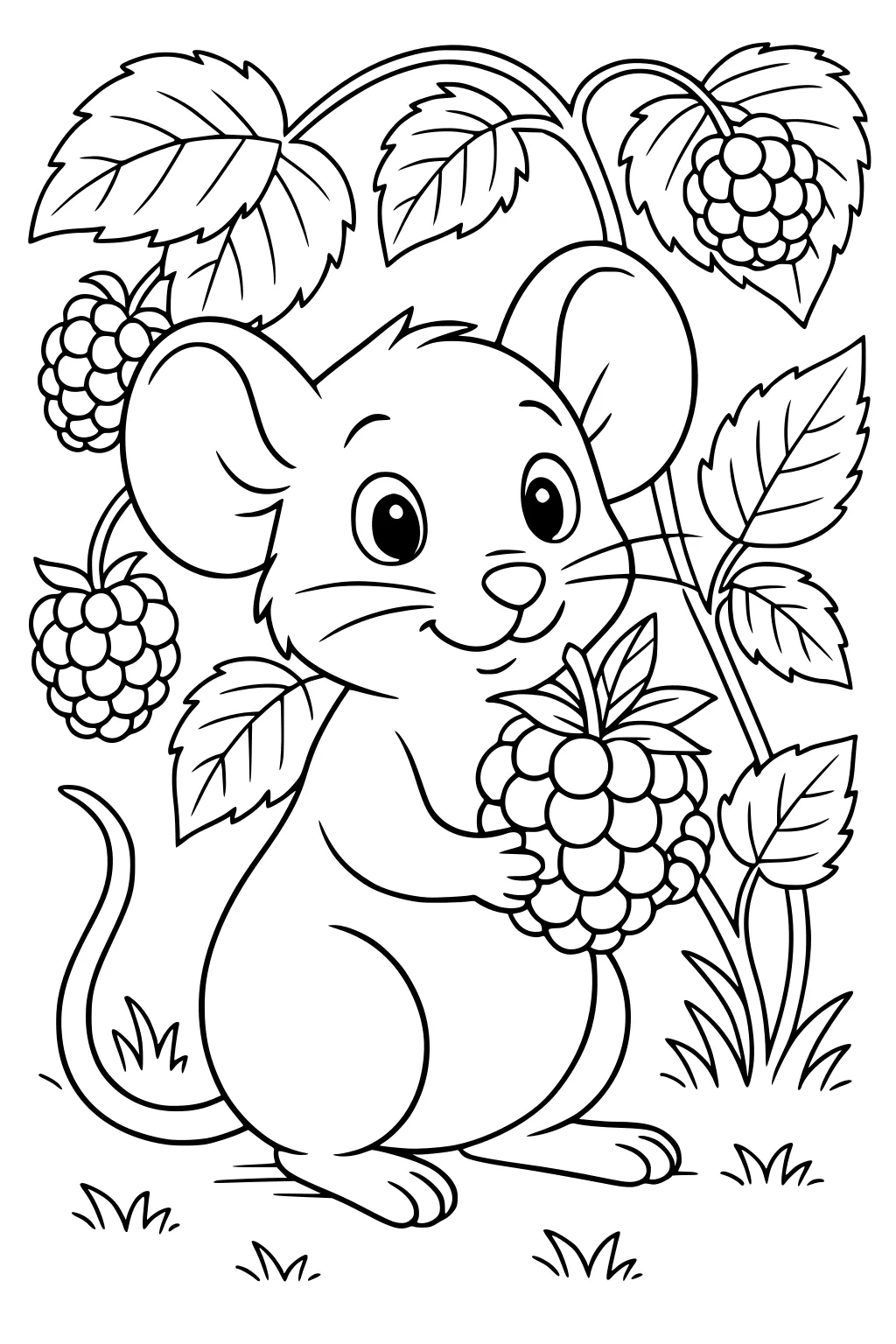 Mouse holding a big raspberry under raspberry vines with large leaves and berries, standing on short grass.