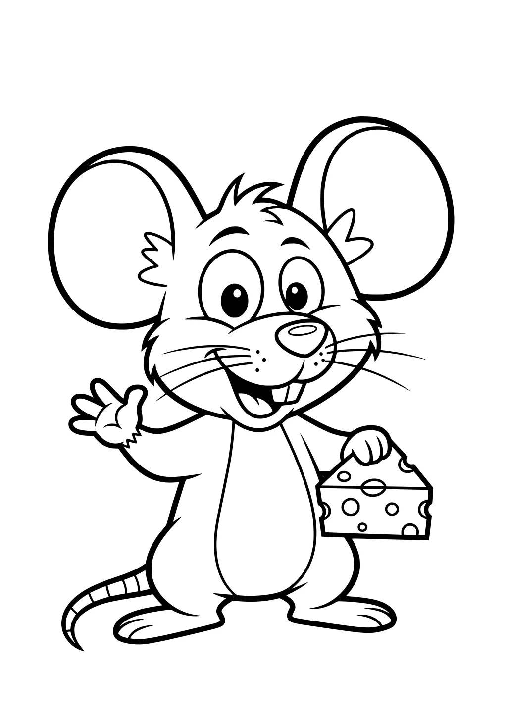 Cartoon mouse standing, waving, and holding a wedge of cheese with a happy expression.
