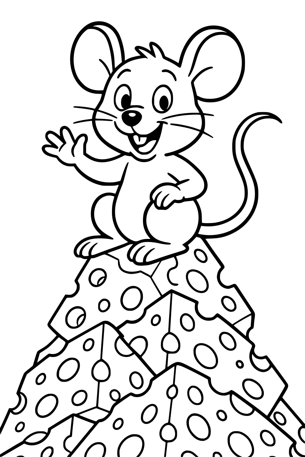 Cartoon mouse sitting on cheese blocks, waving, with large ears, curved tail, and a big smile.