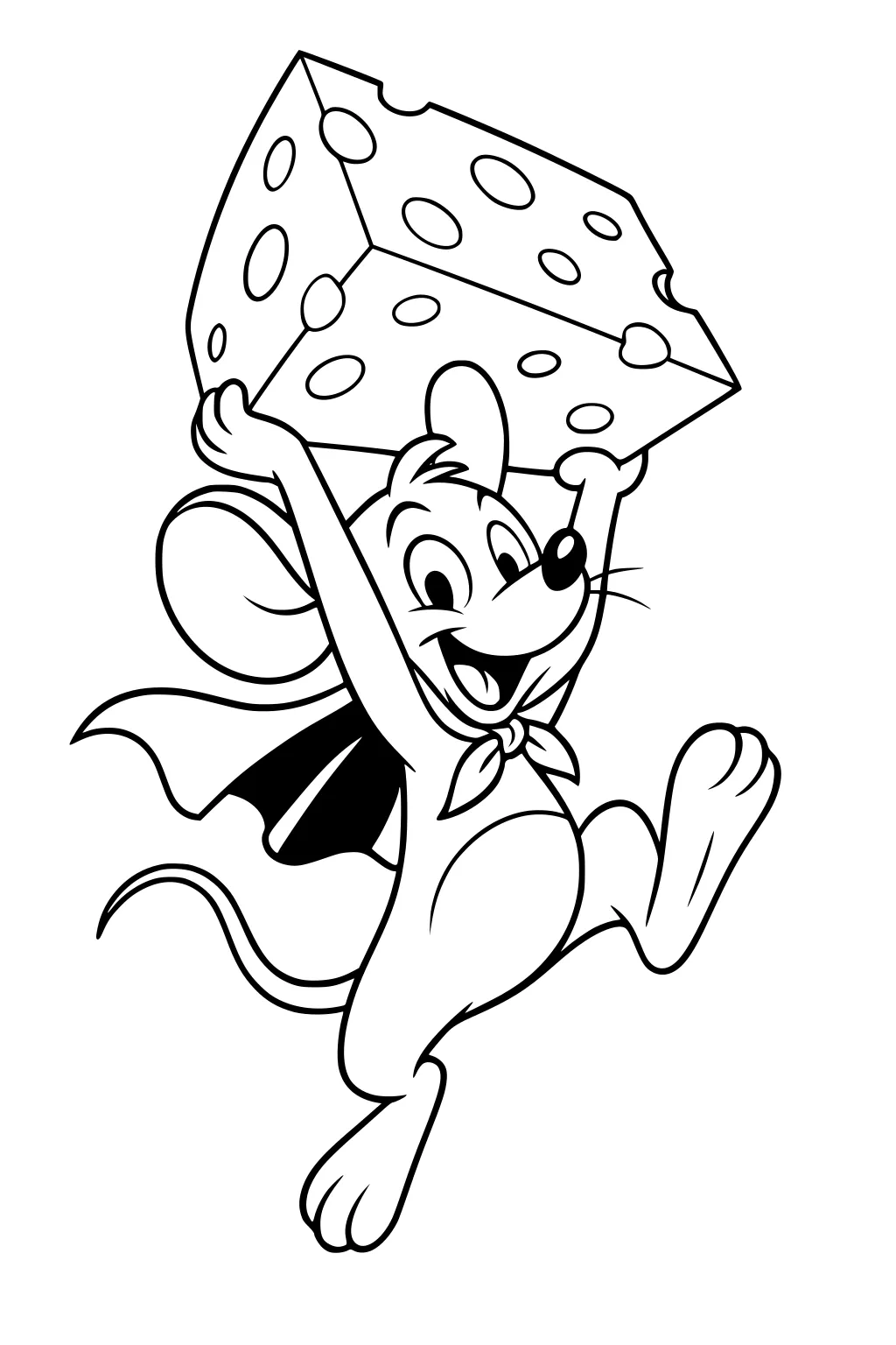 Cartoon mouse wearing a cape and scarf, jumping up while holding a large wedge of Swiss cheese.