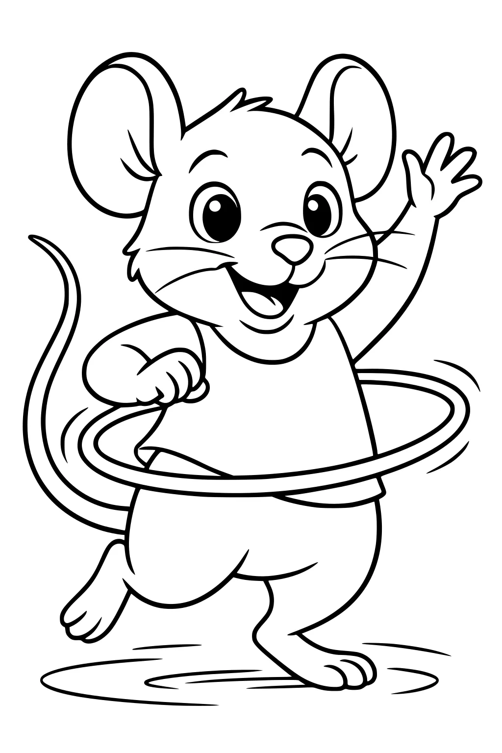 Cartoon mouse with a big smile spinning a hula hoop and waving.
