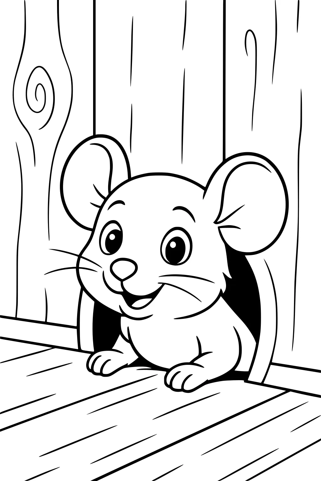 Mouse with big round ears and bright eyes peeking out from a mouse hole in a wooden wall and floor.