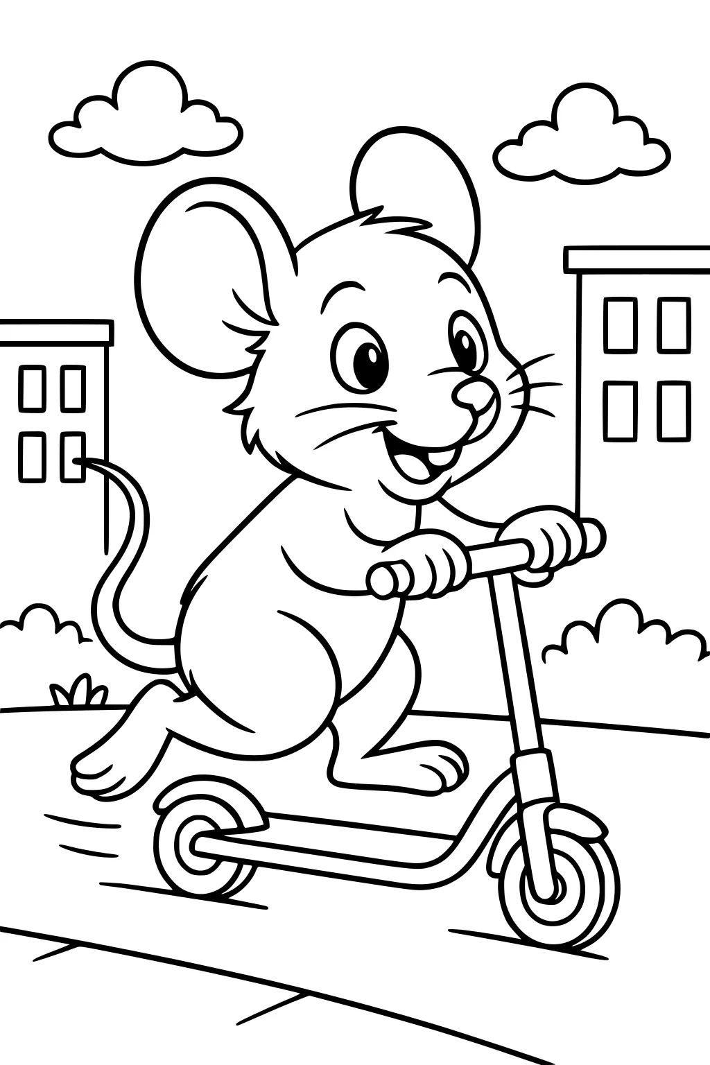 Cartoon mouse riding a scooter on a sidewalk with buildings, bushes, and clouds in the background.