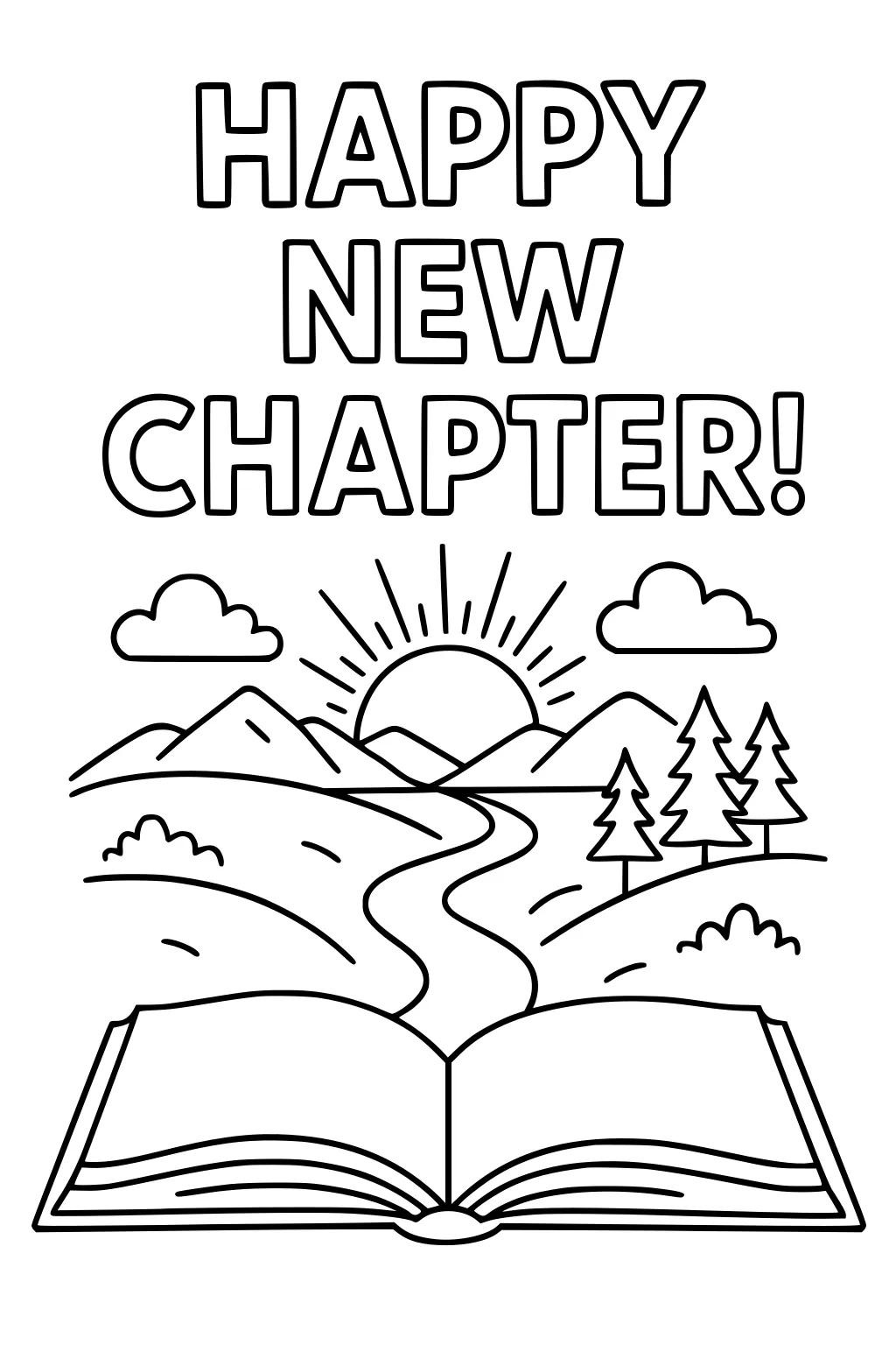 Open book with winding path to mountains and sunrise, pine trees and clouds, with large text reading Happy New Chapter!