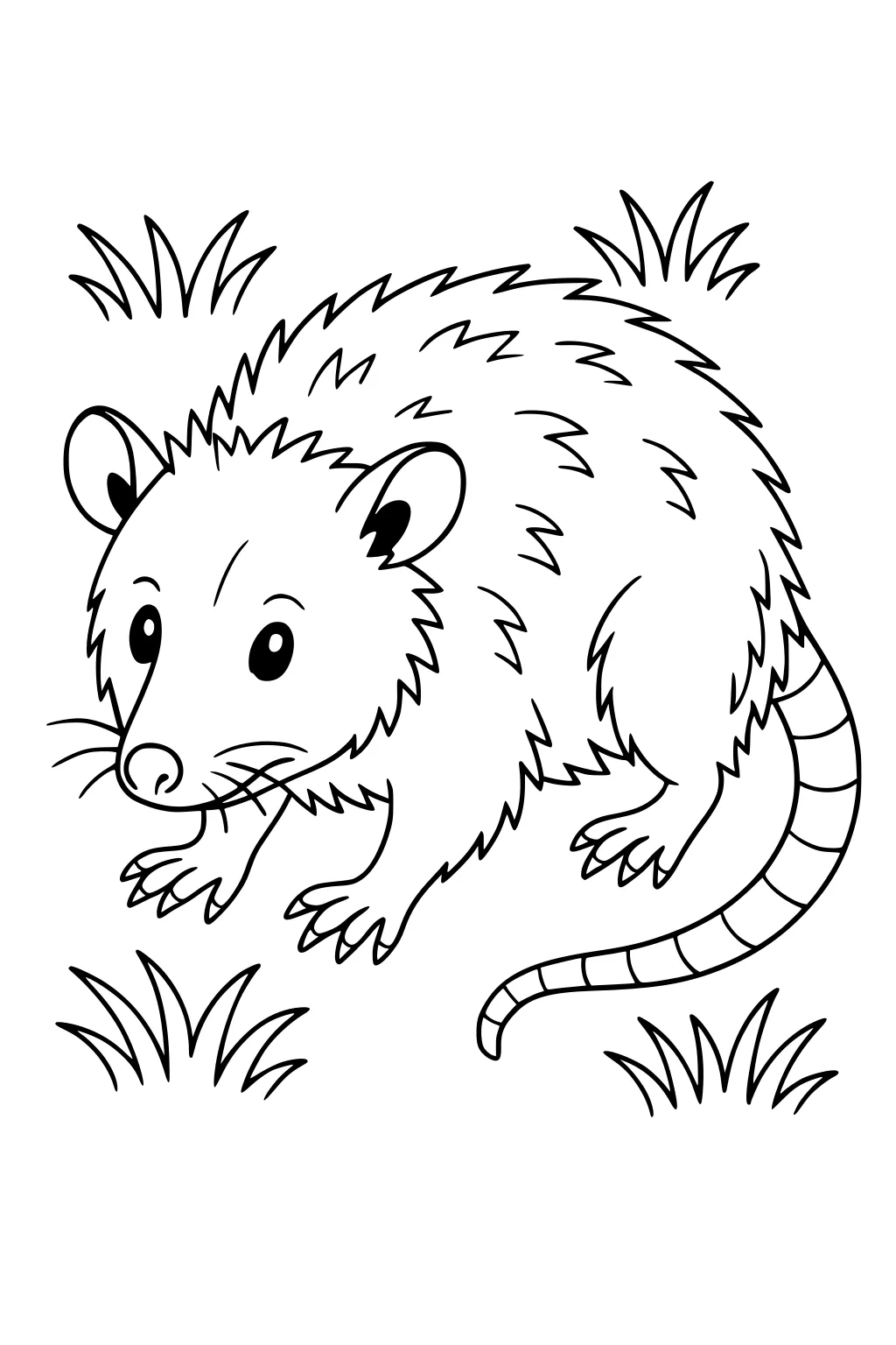 Line drawing of an opossum with spiky fur, long tail, and round ears, standing among tufts of grass.