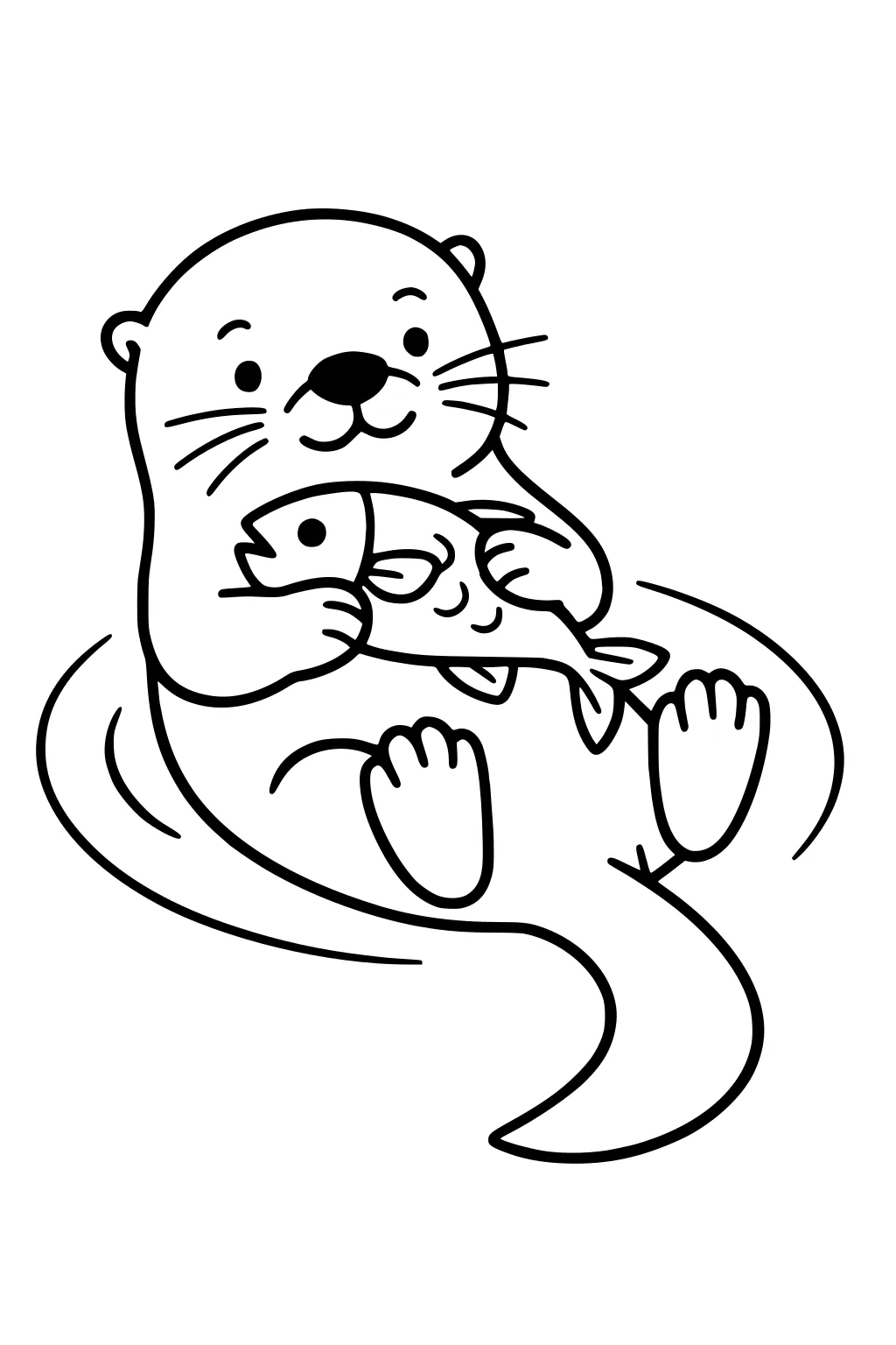 Otter floating on his back in water, smiling, and holding a fish with two paws. Tail curves around his body.