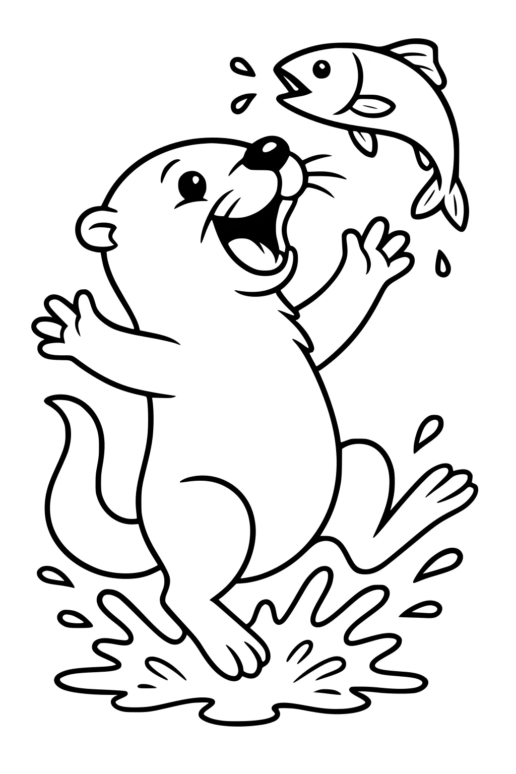 Cartoon otter jumping in water with paws raised toward a leaping fish, both smiling, with splashes and water drops.