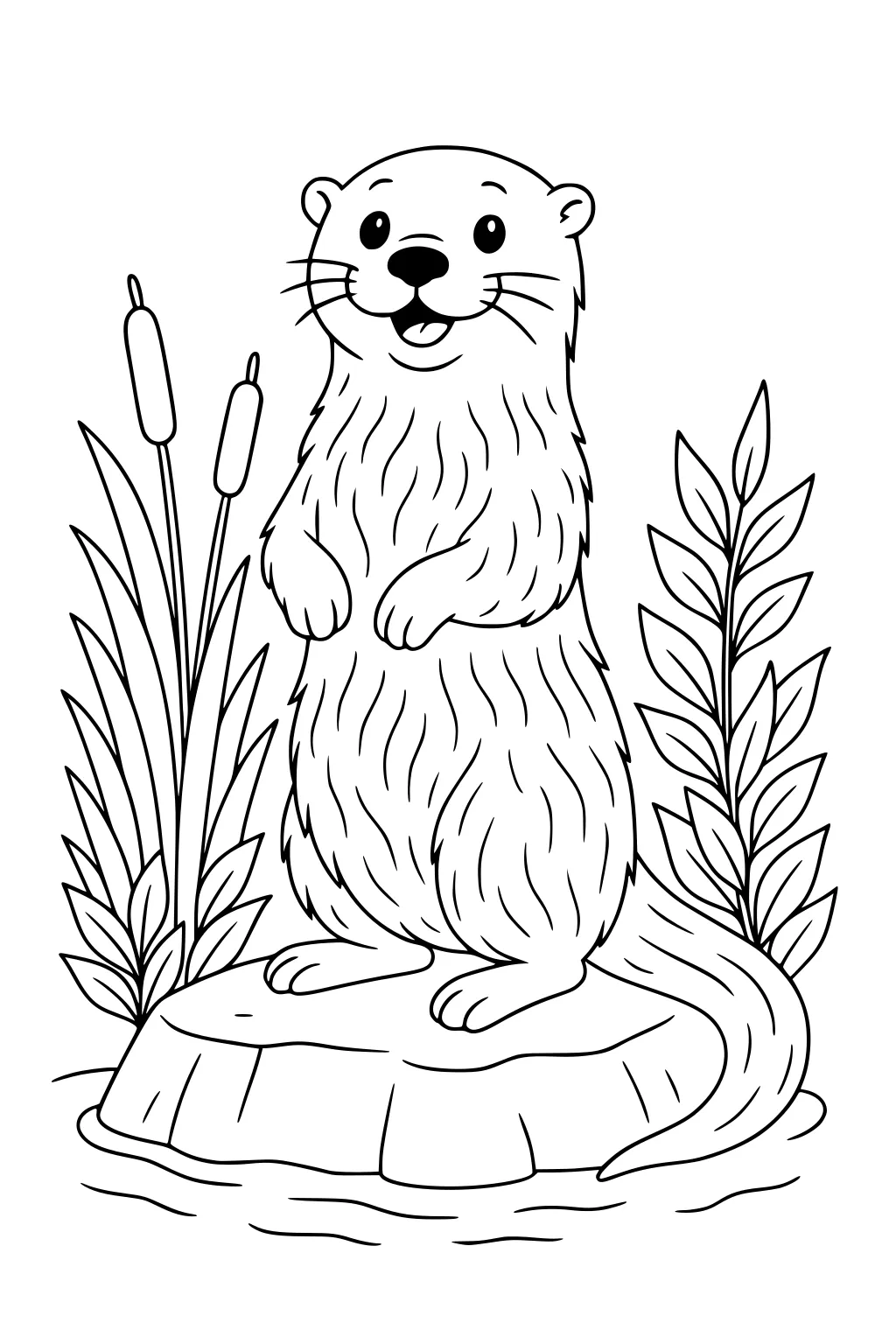 Otter standing upright on a rock in water, surrounded by cattails and leafy plants.