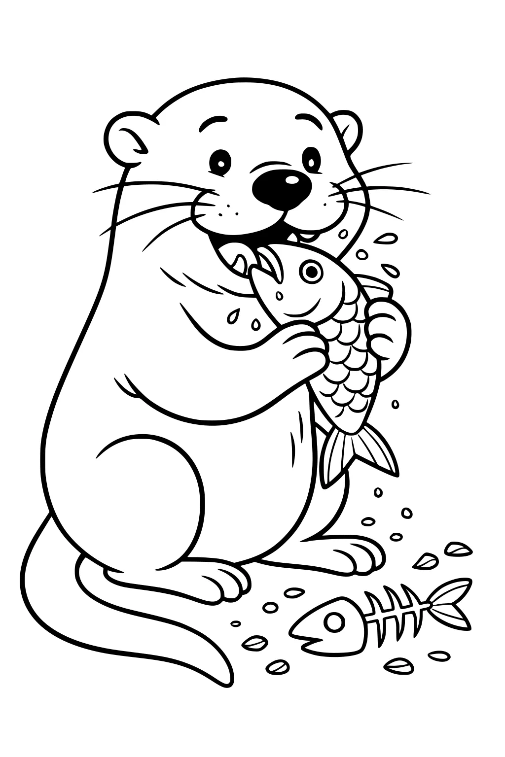 Otter holding a fish with both paws and eating, water splashing, fish skeleton and bits scattered at its feet.