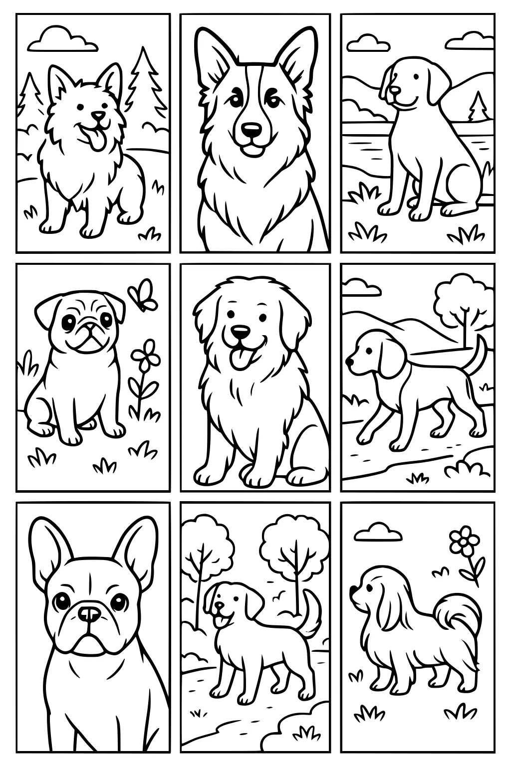 Nine cartoon dog portraits in individual panels with grass, trees, clouds, hills, and a butterfly.