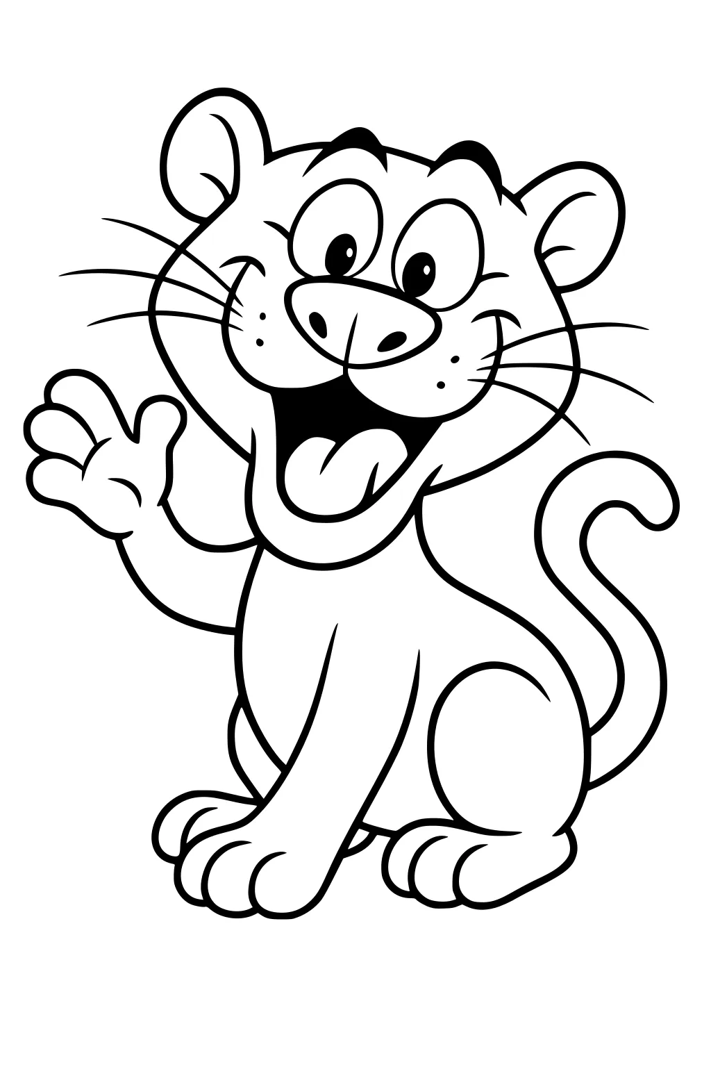 Cartoon panther cub sits waving with a big smile, wide eyes, and a curled tail.