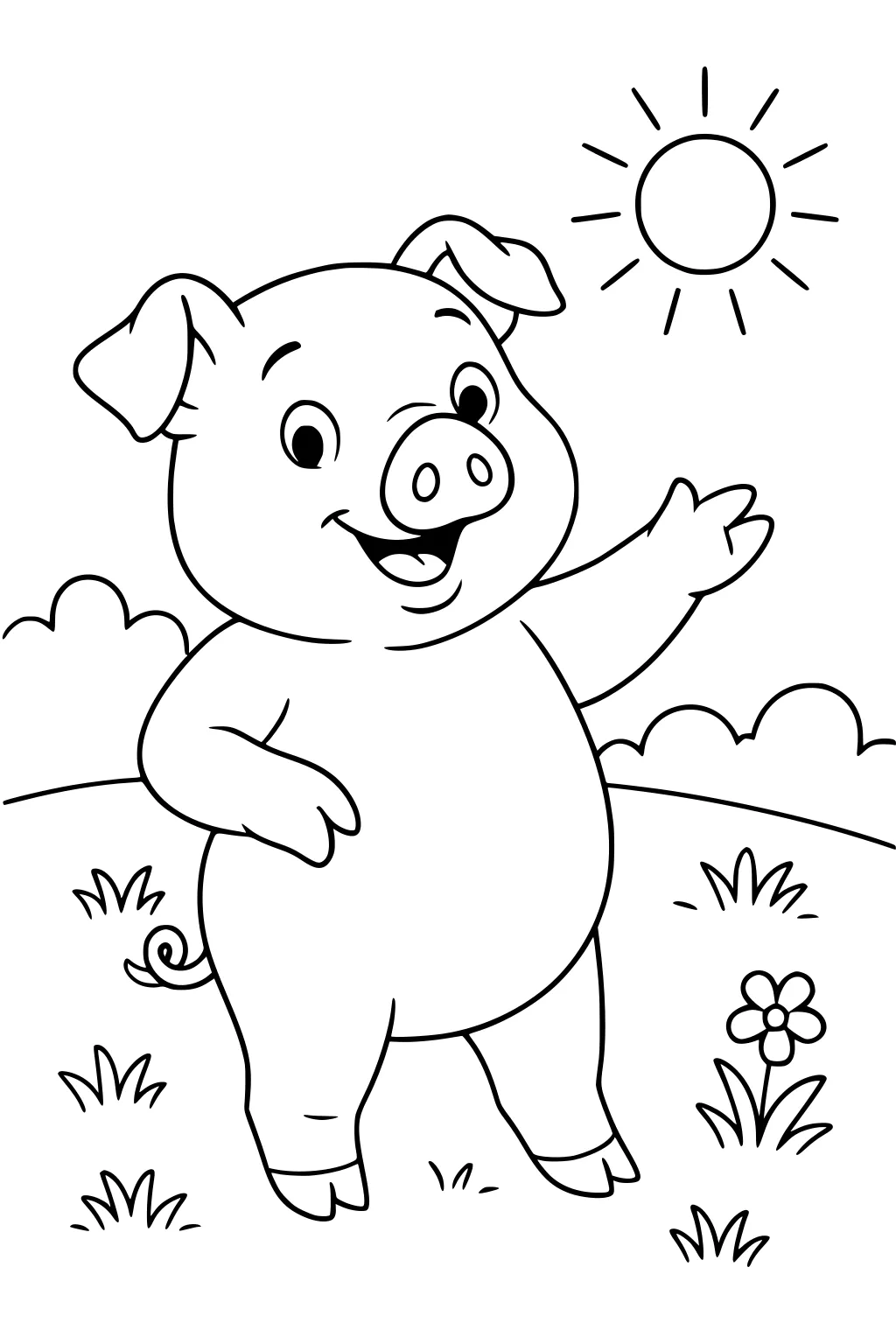 Cartoon piglet waving in a sunny field with grass, a single flower, clouds, and a sun in the sky.