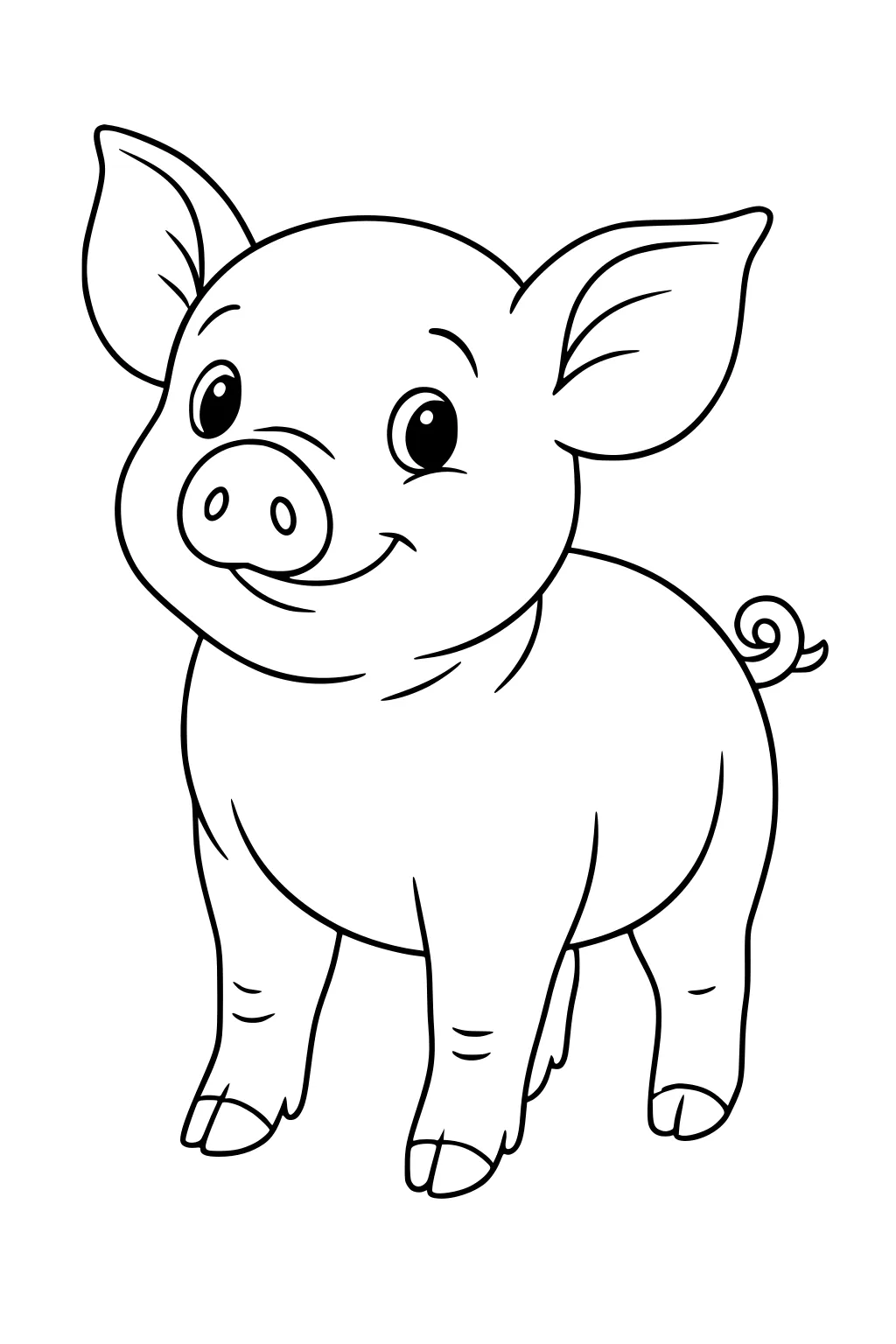 Cartoon piglet with a big smile, standing on four legs, ears perked up, curly tail, and wide eyes.