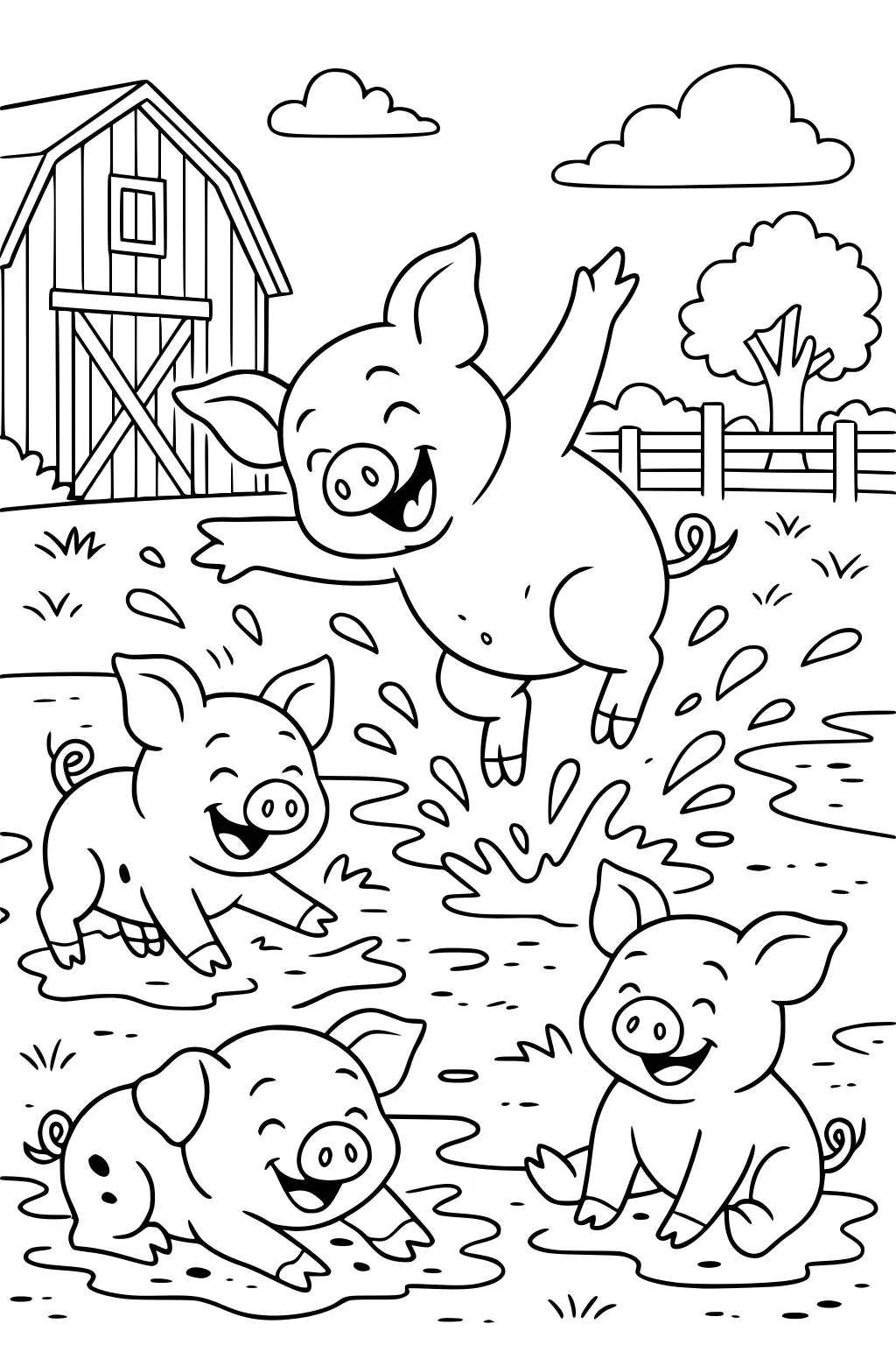 Four piglets playing in mud puddles on a farm with a barn, fence, trees, and clouds in the background.