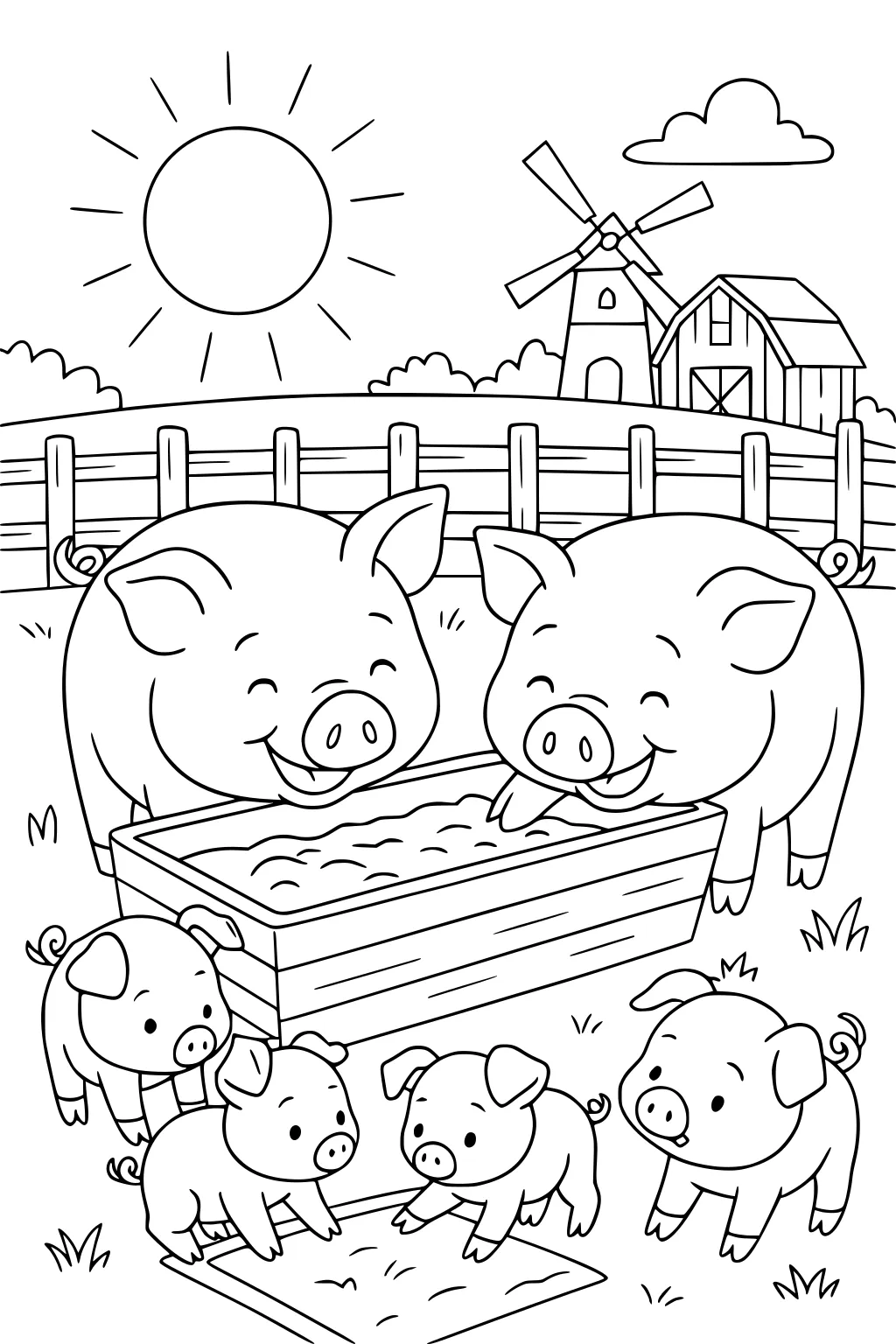 Two big pigs at a trough and four piglets playing. Farm background with barn, windmill, sun, fence, grass, and fluffy clouds.