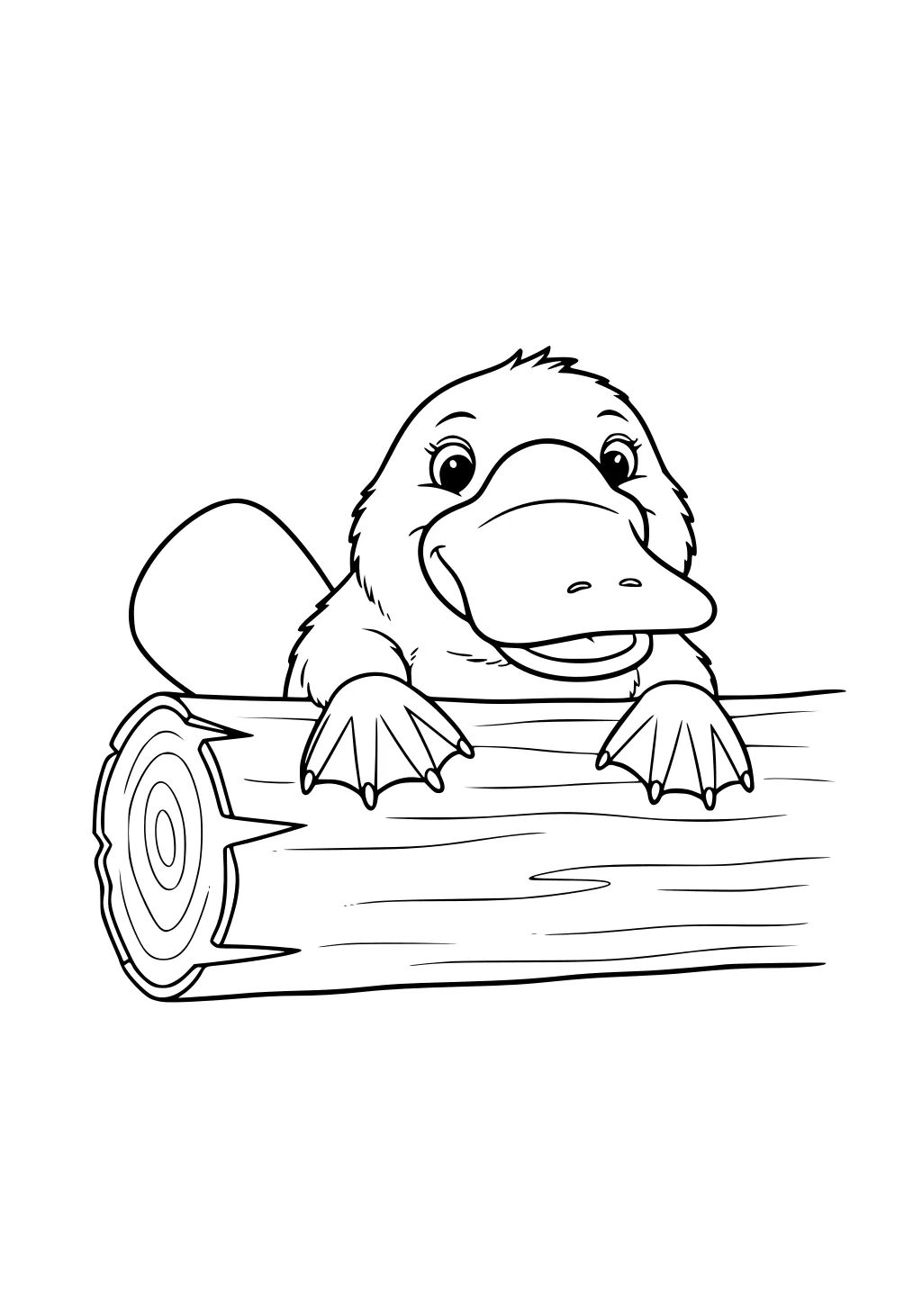 Platypus with big bill and webbed feet peeks over a log, smiling, cartoon style.