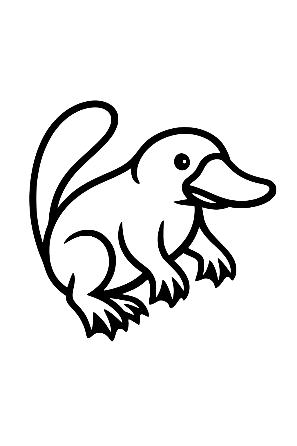 Platypus with a large bill and tail sitting, drawn in simple black lines.