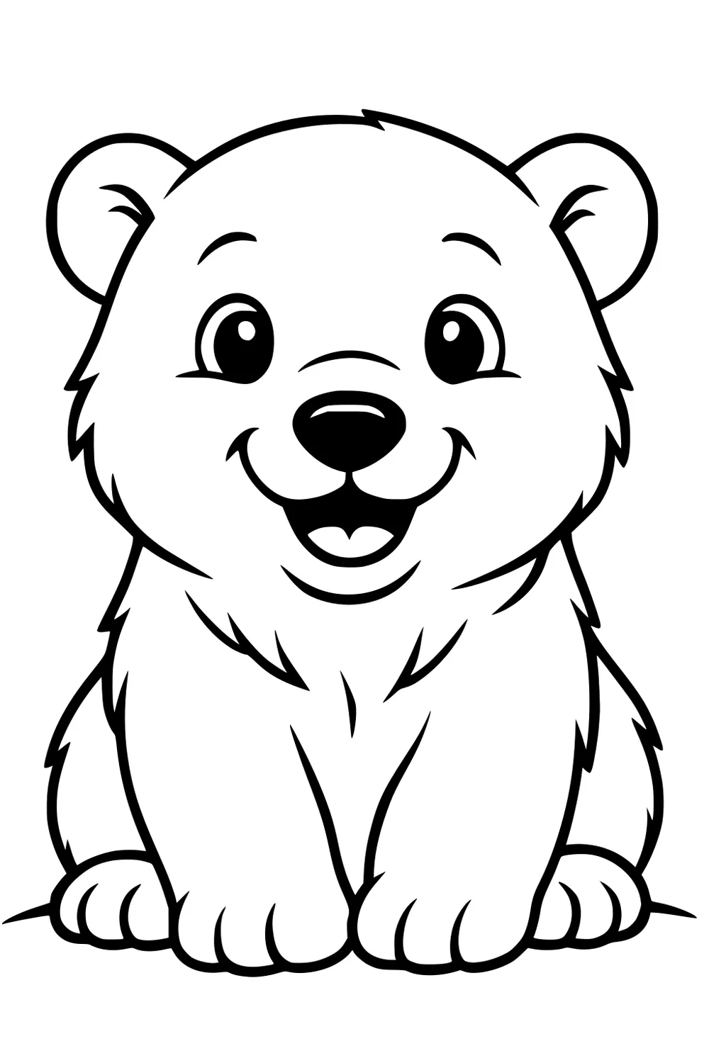 Cartoon polar bear cub sitting, smiling, wide eyes, round ears, visible paws, simple fur markings.