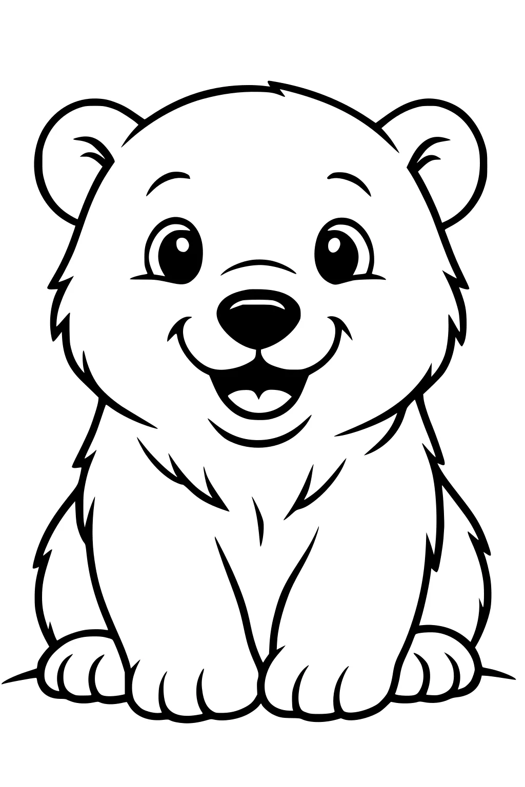 Cartoon polar bear cub sitting, smiling, wide eyes, round ears, visible paws, simple fur markings.