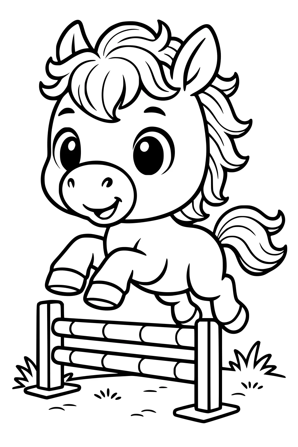 Cartoon pony jumping over a wooden fence with a fluffy mane, big eyes, and curved tail on grassy ground.