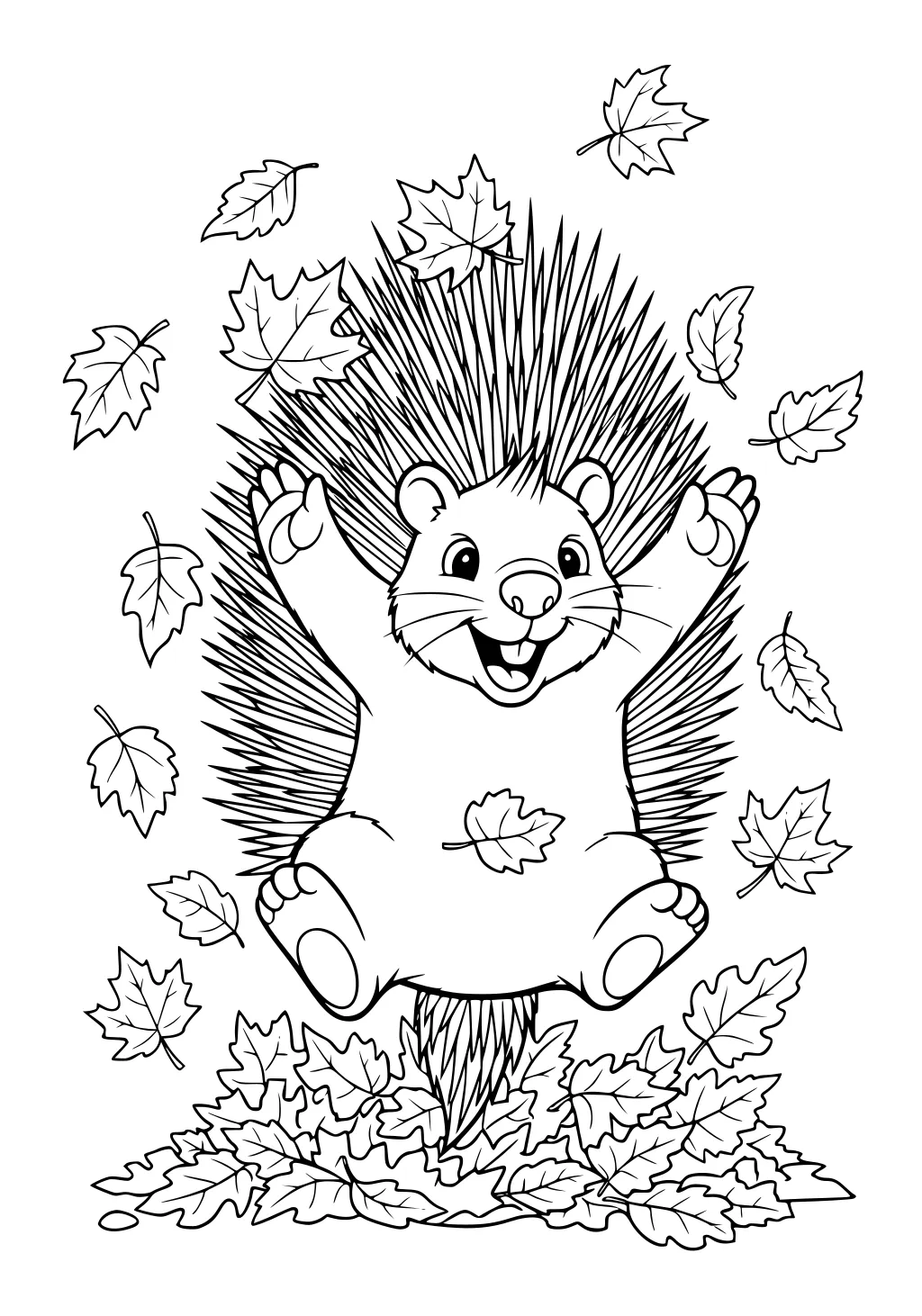 Porcupine with big smile and spiky quills jumps into a pile of autumn leaves as more leaves float around him.