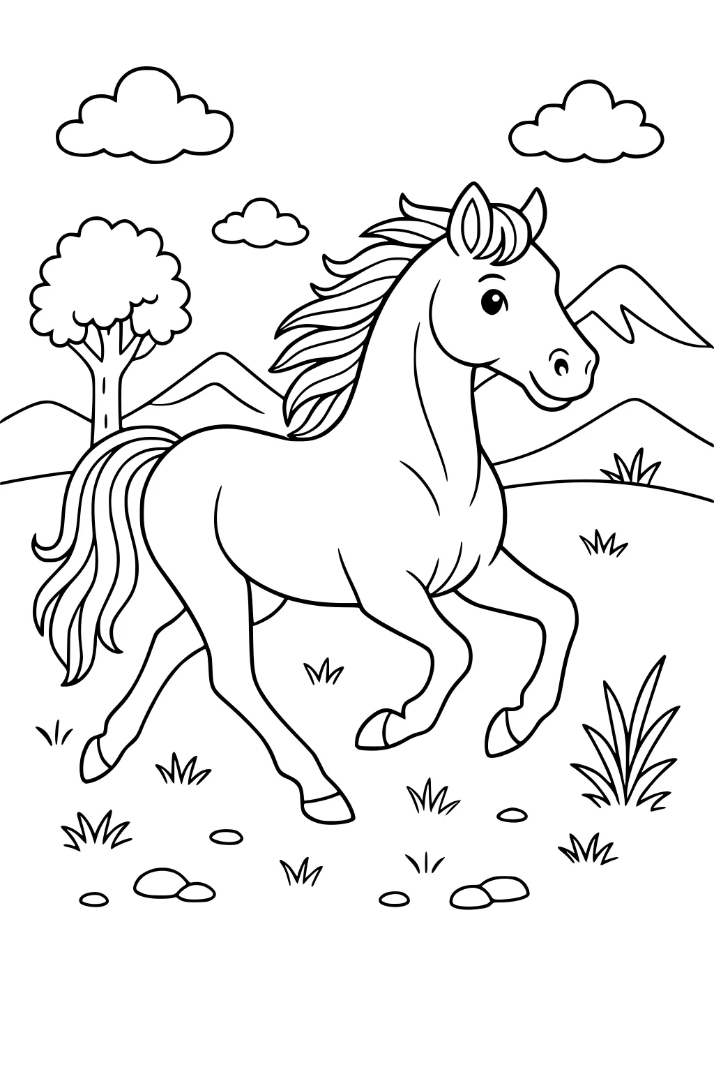 Smiling horse running in a grassy field with hills, clouds, a tree, rocks, and bushes in the background.