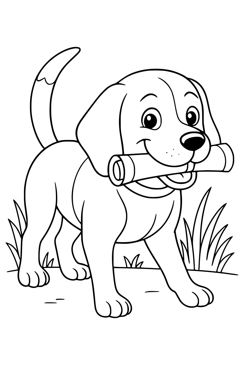 Cartoon puppy smiling, walking with a rolled scroll in its mouth, grass in the background.