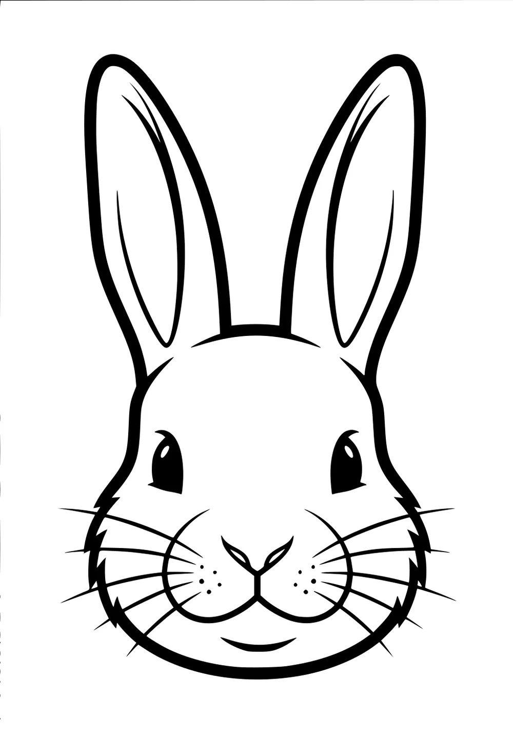 Simple rabbit face with long ears, round cheeks, whiskers, and a smiling mouth outlined in black on white background.