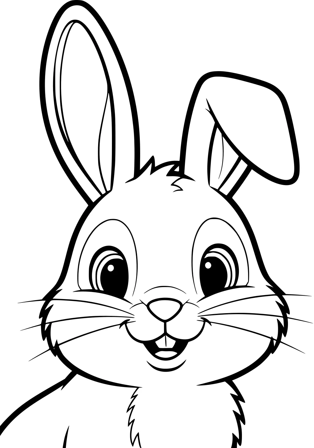 Smiling bunny with big round eyes, fluffy cheeks, long whiskers, and one floppy ear facing forward.