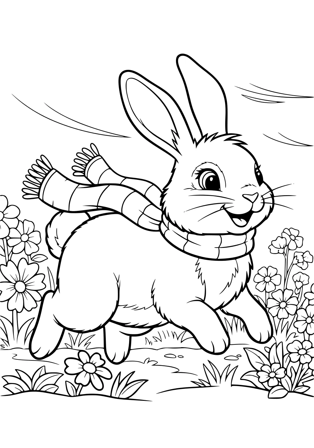 Smiling rabbit with striped scarf hopping in a field of flowers with grass and petals all around.