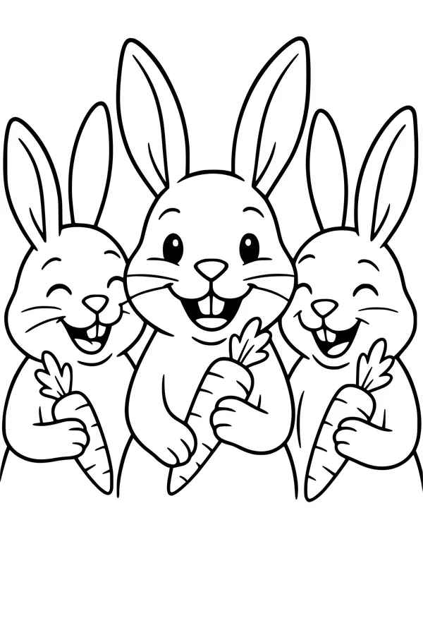 Three Happy Bunnies With Carrots