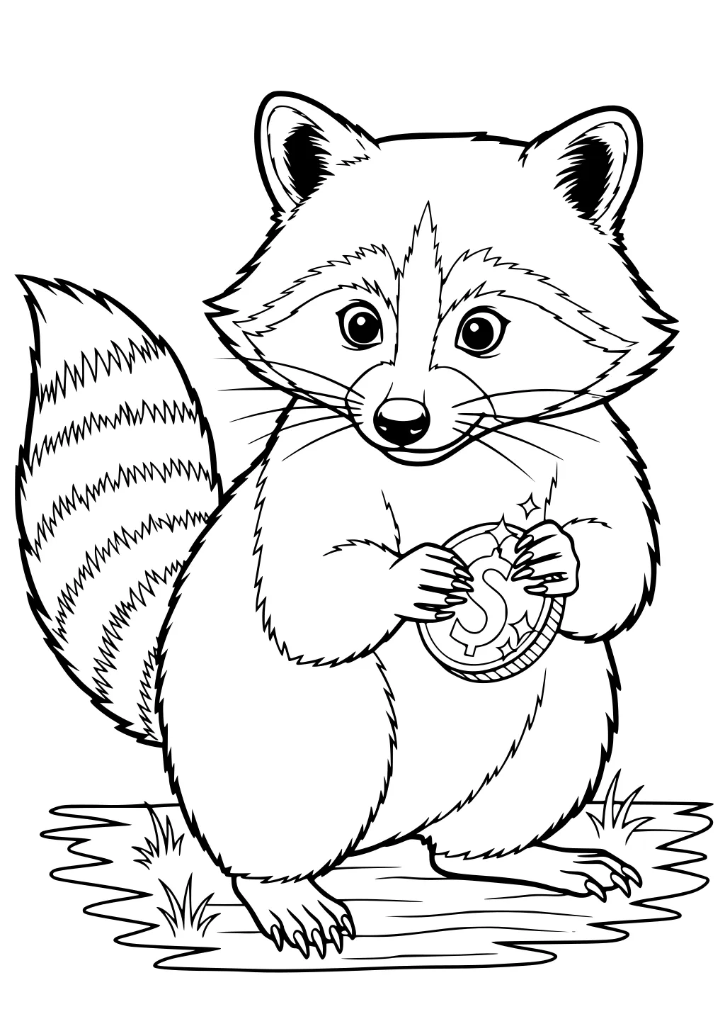 Raccoon holding a coin with a dollar sign, standing on grass with her bushy striped tail behind her.