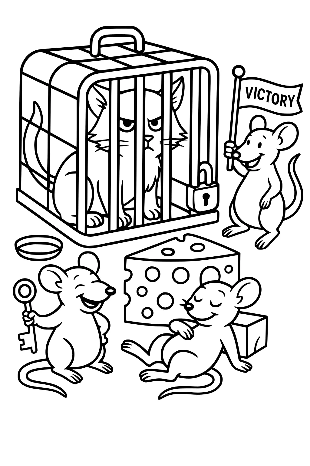 Three mice celebrating outside a pet carrier with a grumpy cat inside, a cheese wedge, key, and a victory flag.