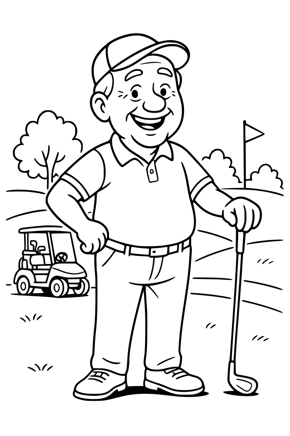 Smiling older man in cap holds a golf club on a course with flag, golf cart, tree, and bushes in bold, simple outlines.