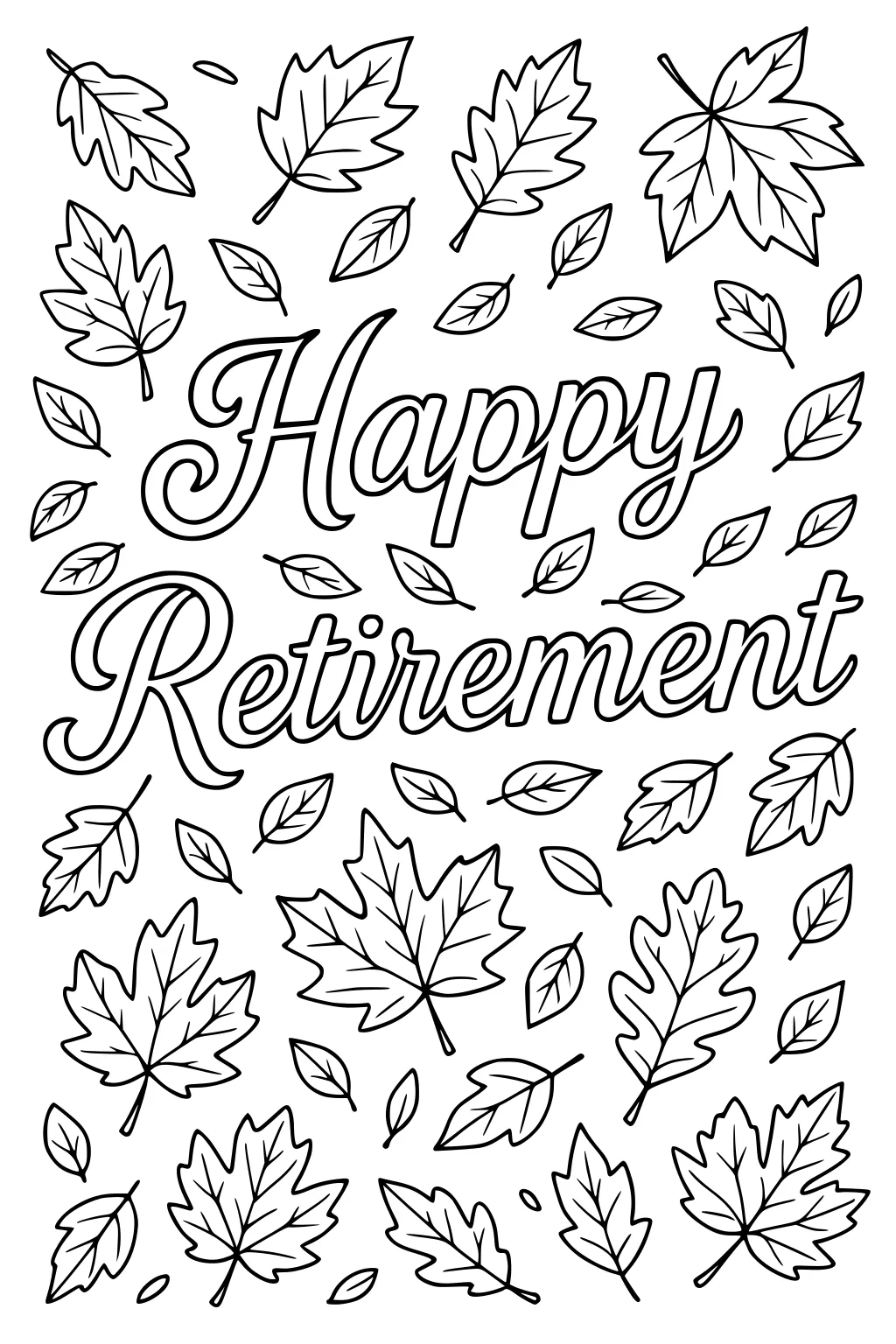 Happy Retirement script with many floating maple and oak leaves of different sizes around the text.