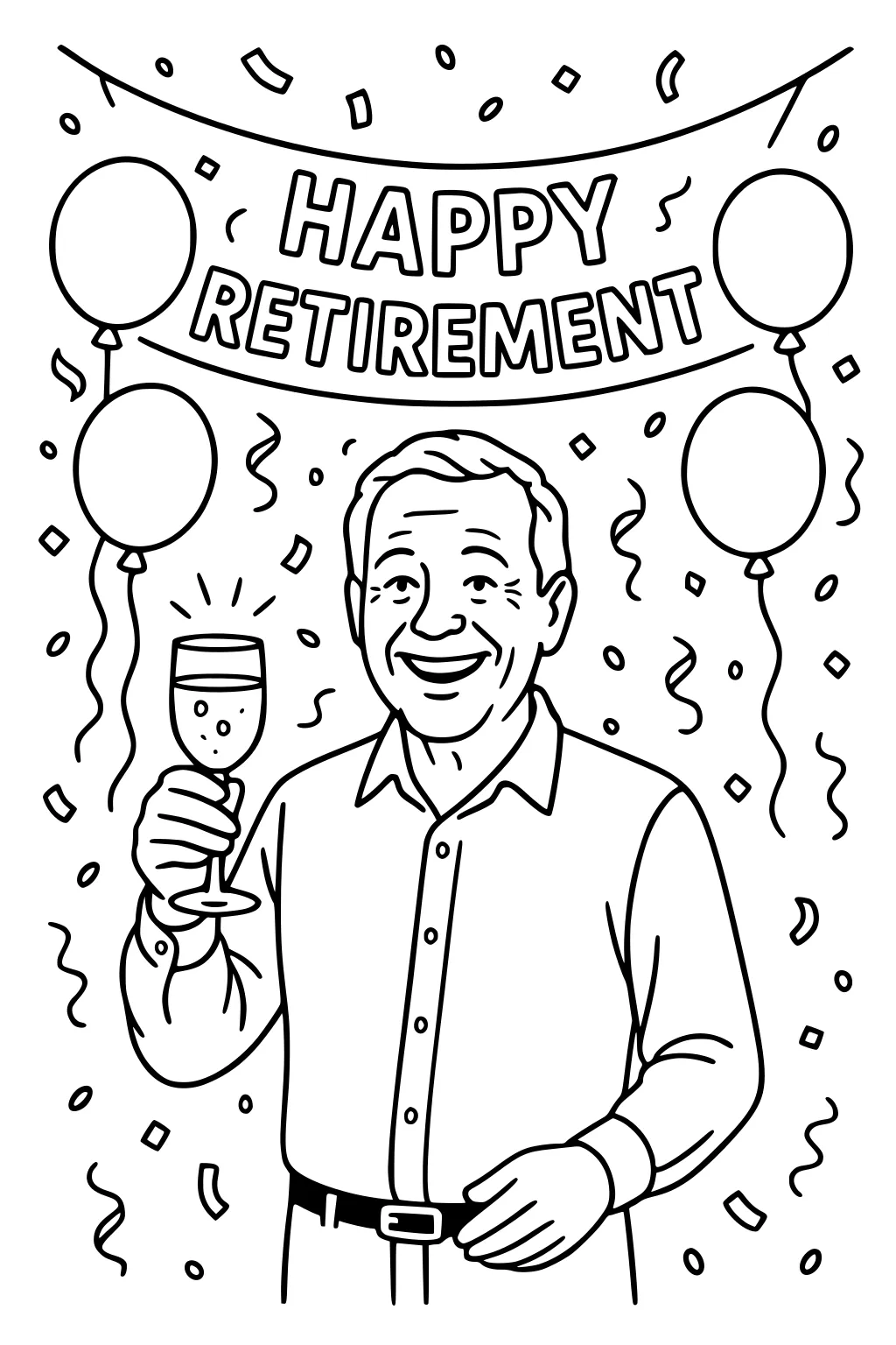 Smiling older man at a retirement party holding a drink under a Happy Retirement banner with balloons, streamers, and confetti.
