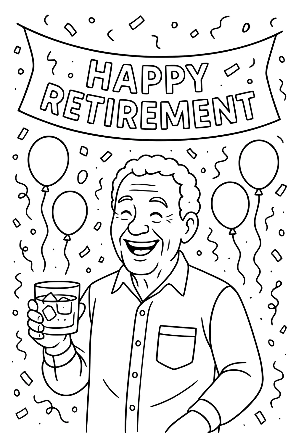 Smiling older man at a retirement party with a drink under a Happy Retirement banner, with balloons and confetti around him.