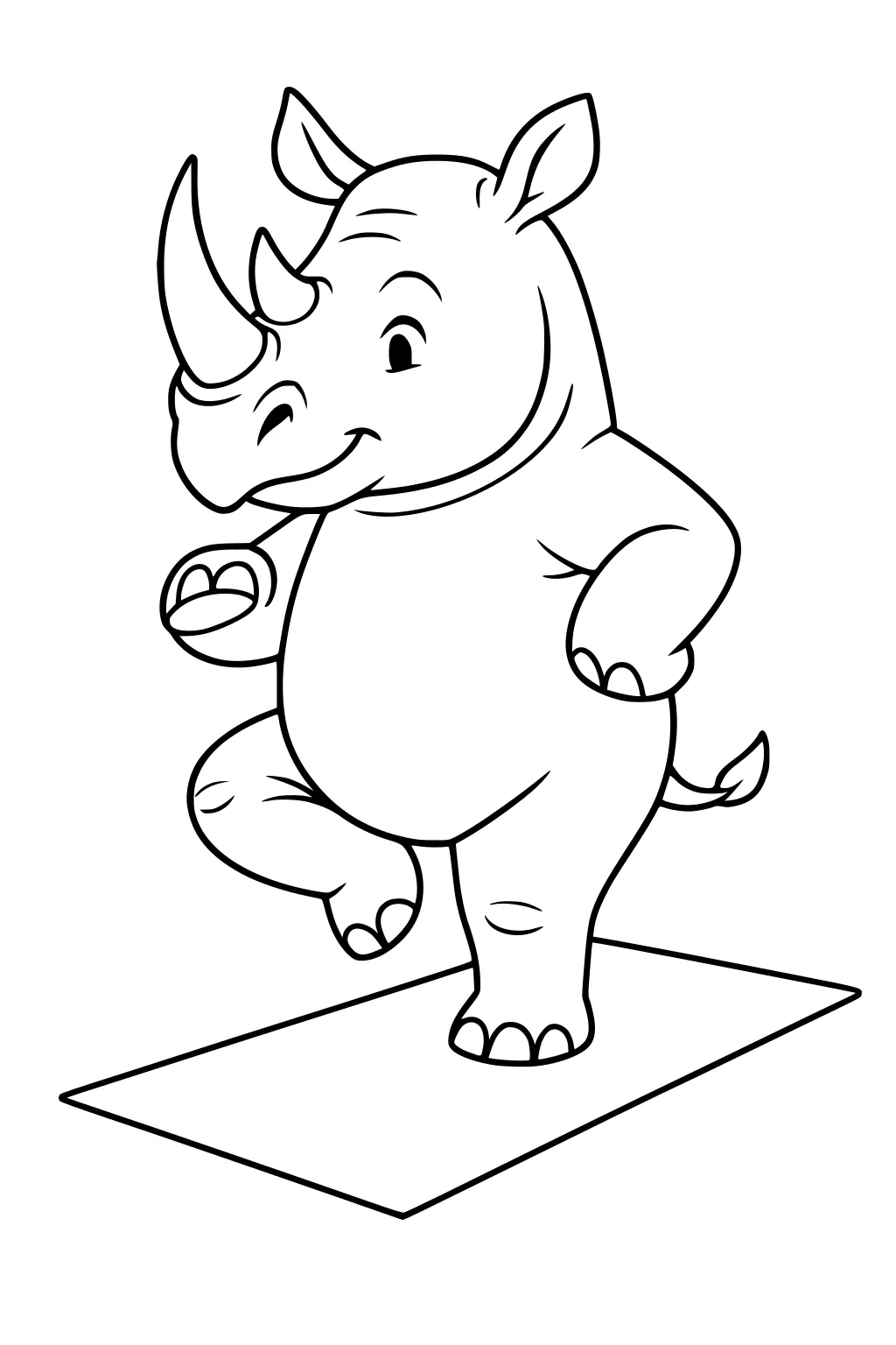 Cartoon rhinoceros balancing on one leg on a mat with a big smile and arms bent upward.