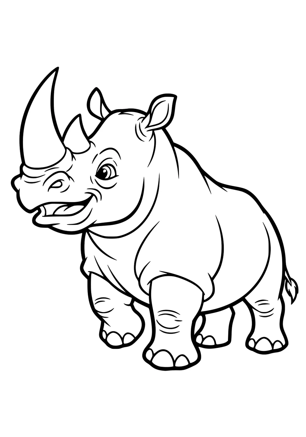 Cartoon rhinoceros with large horns, wide grin, round eyes, and chunky legs, standing on all fours.